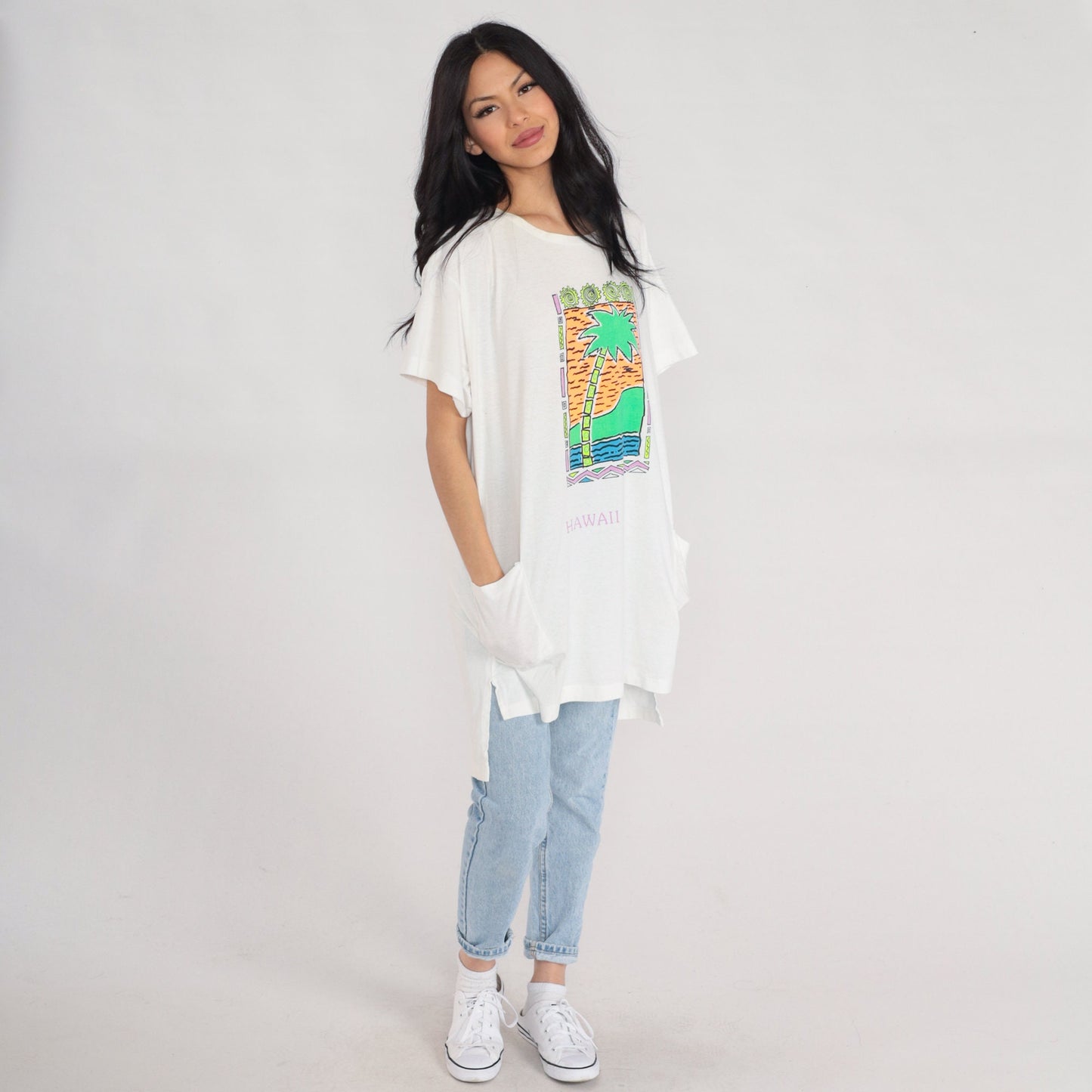 90s Hawaii Palm Tree Graphic T-Shirt Dress White Tropical Print Medium Large