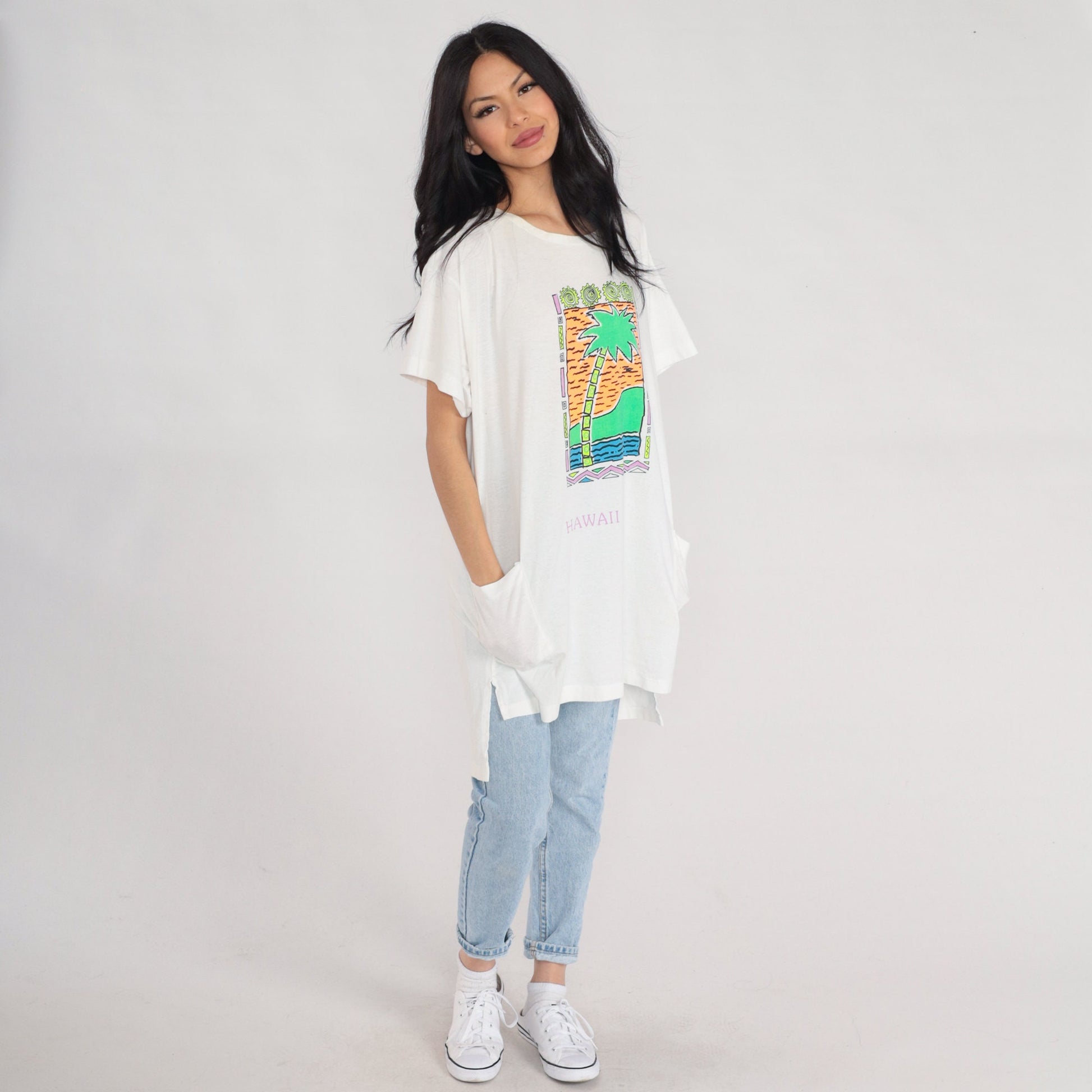 90s Hawaii Palm Tree Graphic T-Shirt Dress White Tropical Print Medium Large