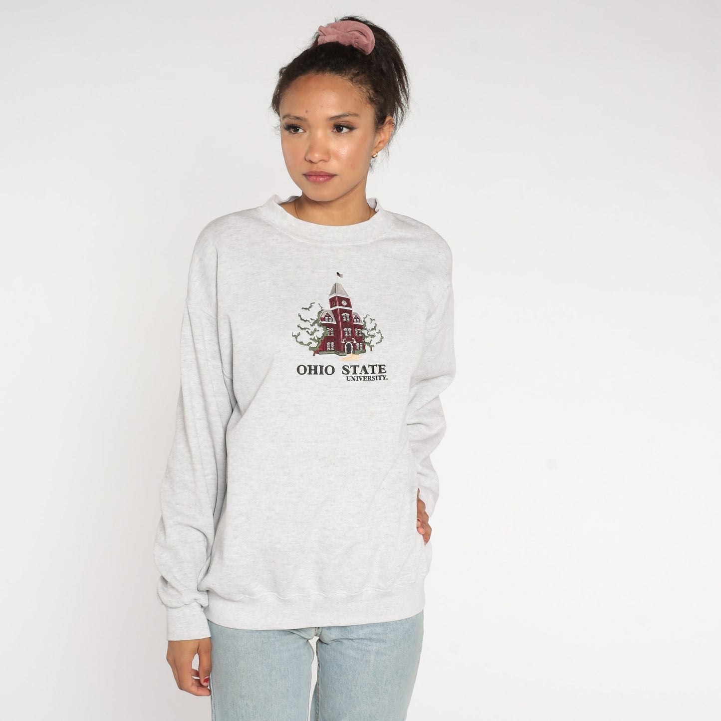 90s Ohio State University Embroidered Sweatshirt Heather Grey Crewneck Large