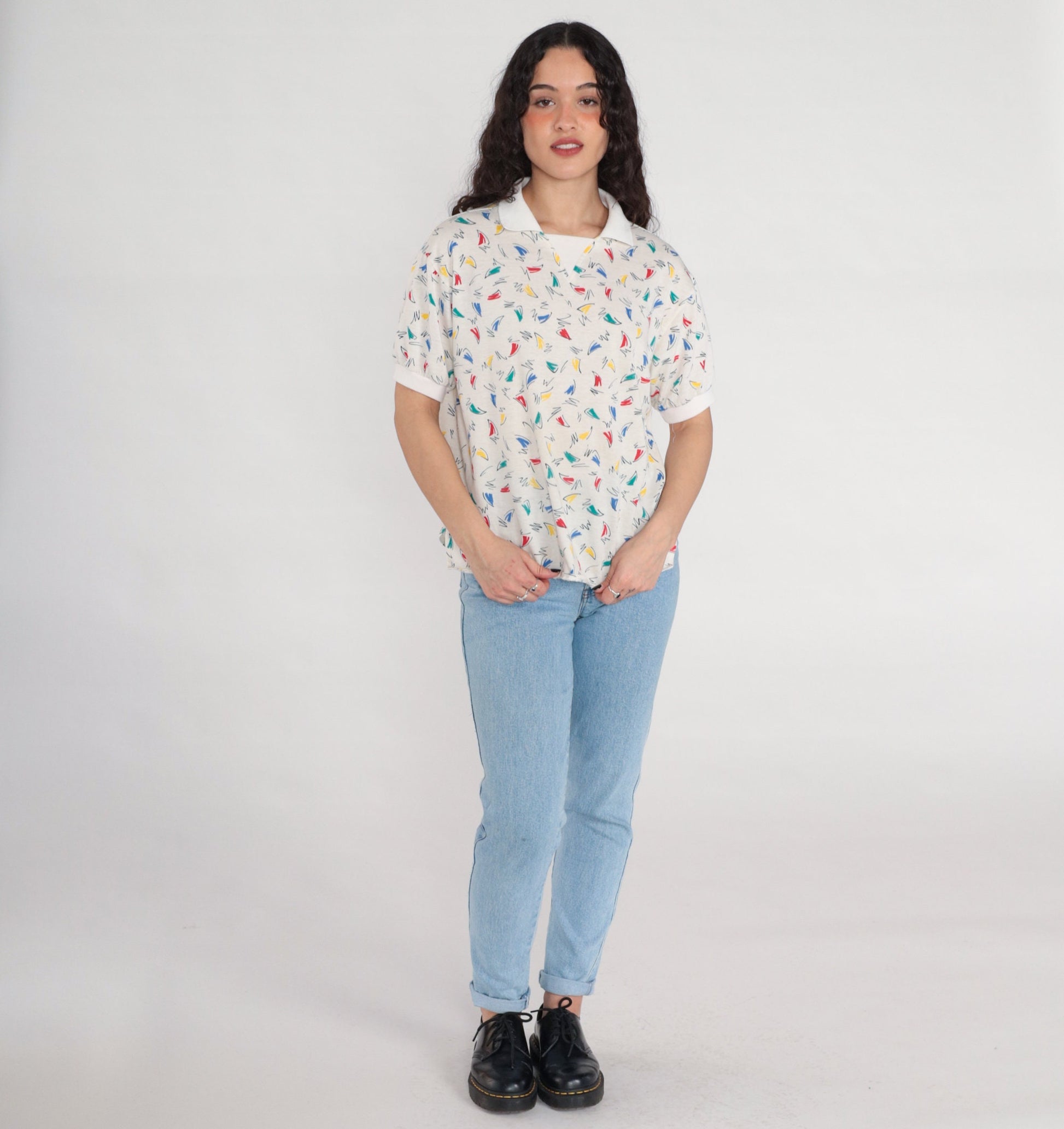 80s Squiggle Print Geometric Collared Shirt White Cotton Blend Large L