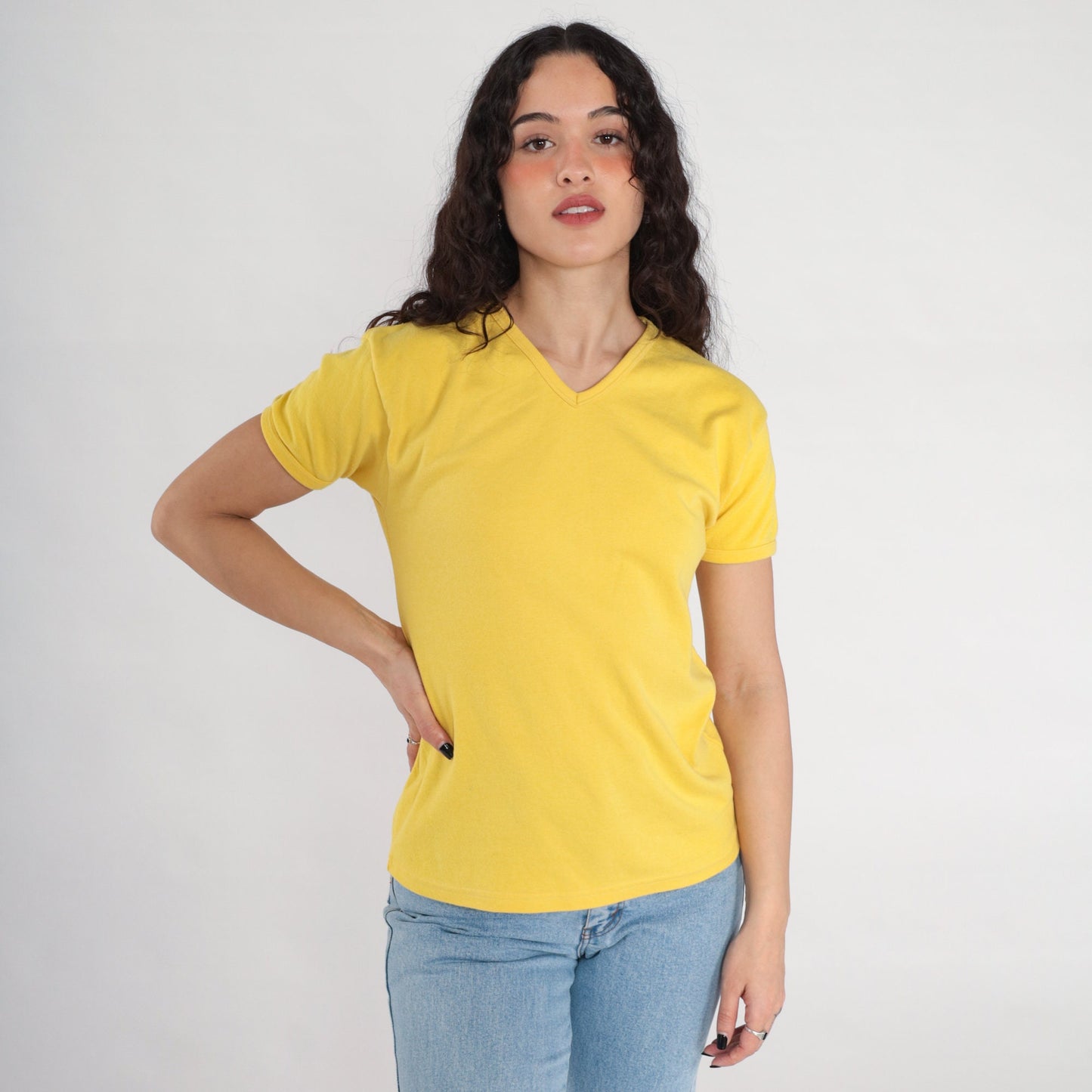 90s Yellow V-Neck T-Shirt Plain Cotton Blend Tee Small S