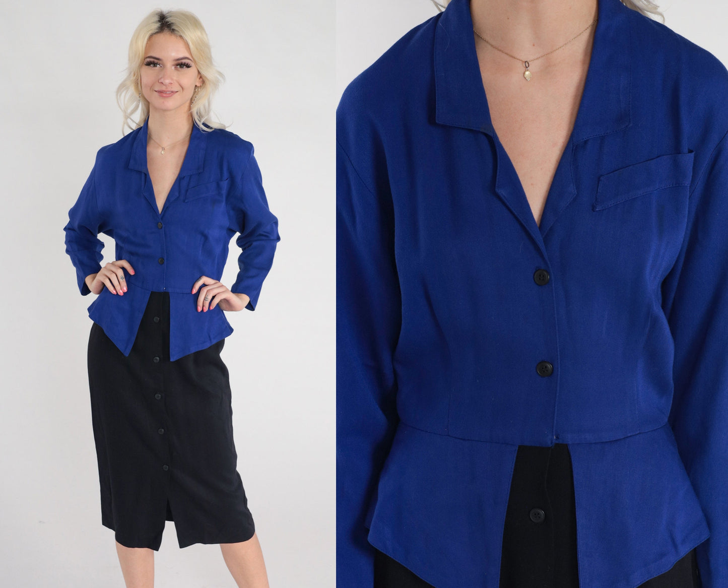 90s Carol Anderson Peplum Midi Dress Blue Black Button-Up Long Sleeve XS