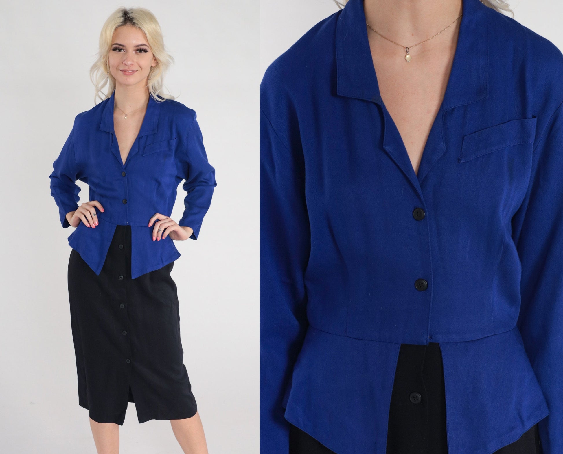 90s Carol Anderson Peplum Midi Dress Blue Black Button-Up Long Sleeve XS