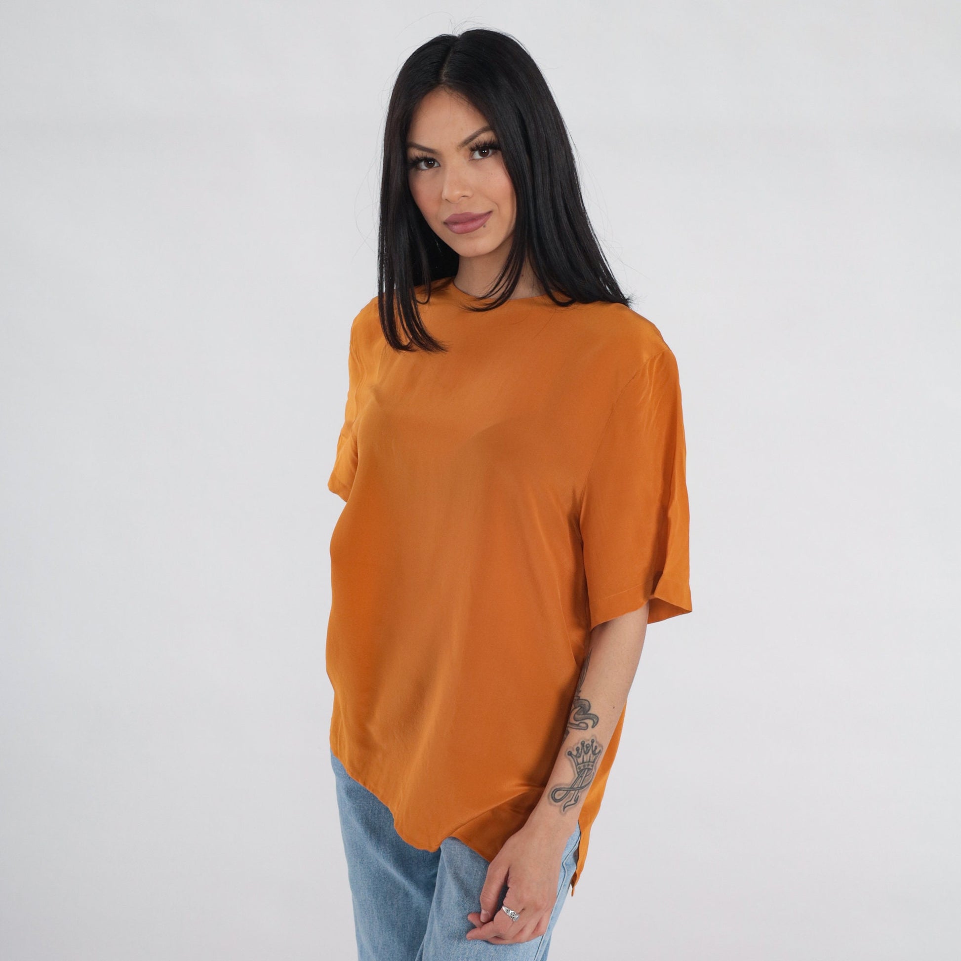 90s Orange Silk Blouse Short Sleeve Keyhole Back Vintage Top Large