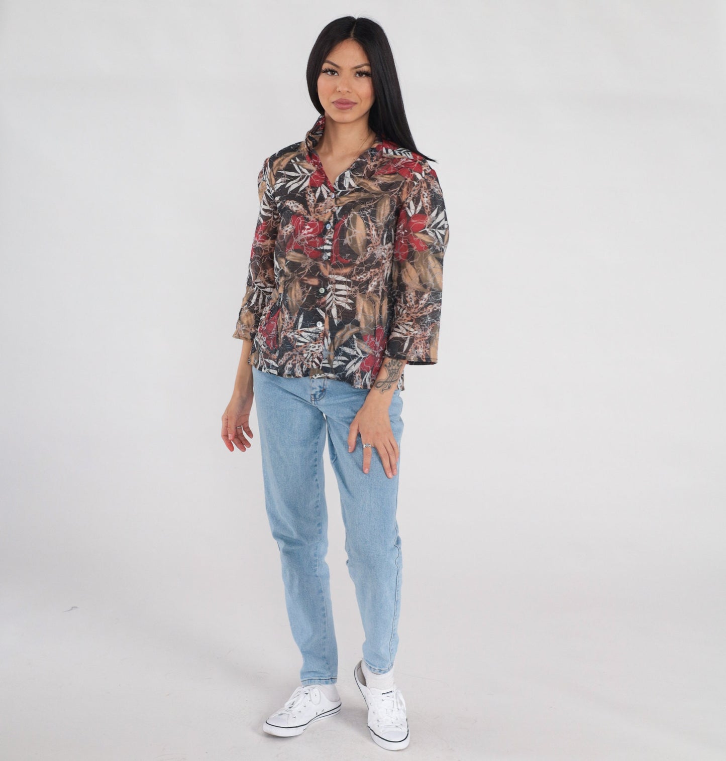Y2K Abstract Floral Leopard Leaf Print Button-Up Blouse 3/4 Sleeve Grey Red Brown Large L