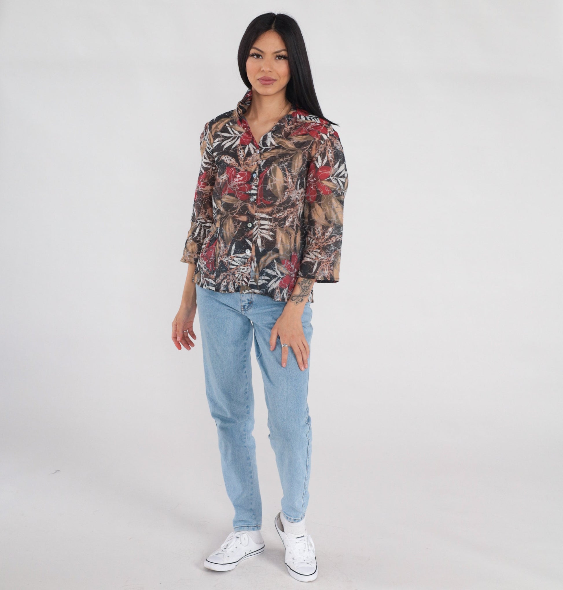 Y2K Abstract Floral Leopard Leaf Print Button-Up Blouse 3/4 Sleeve Grey Red Brown Large L