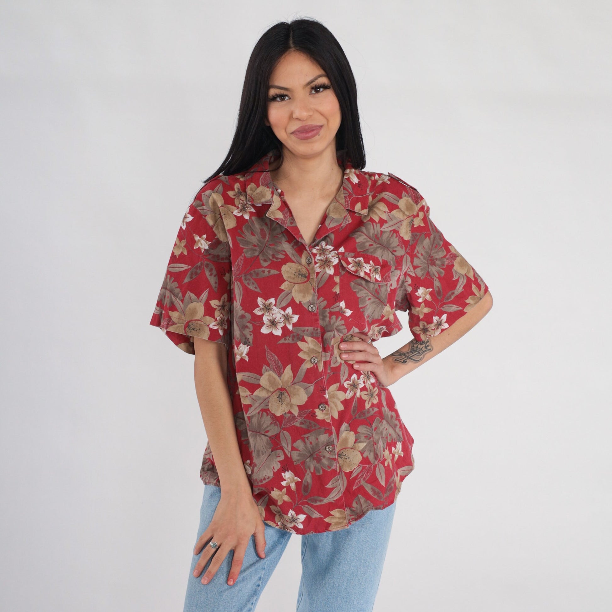 90s Red Tropical Floral Button-Up Shirt Short Sleeve Plumeria Print Extra Large XL