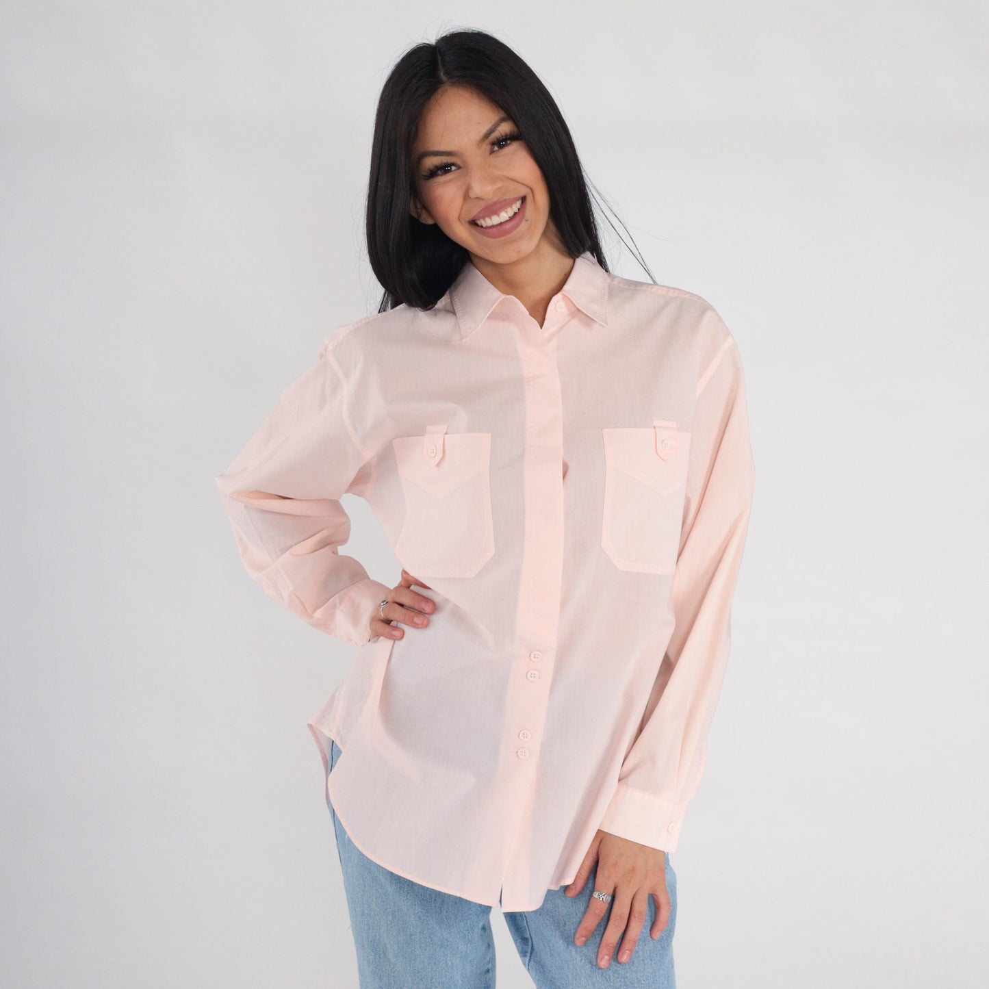 90s Baby Pink Semi-Sheer Button-Up Blouse Collared Long Sleeve Medium