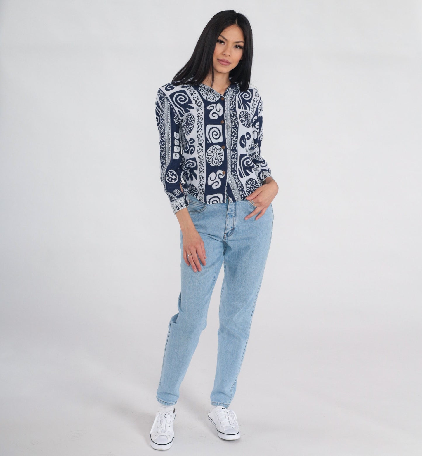 90s Abstract Print Button-Up Blouse Navy White Long Sleeve XS