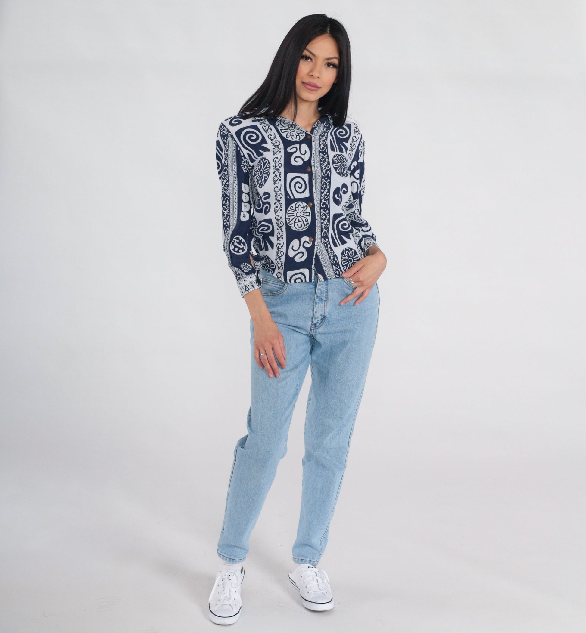 90s Abstract Print Button-Up Blouse Navy White Long Sleeve XS