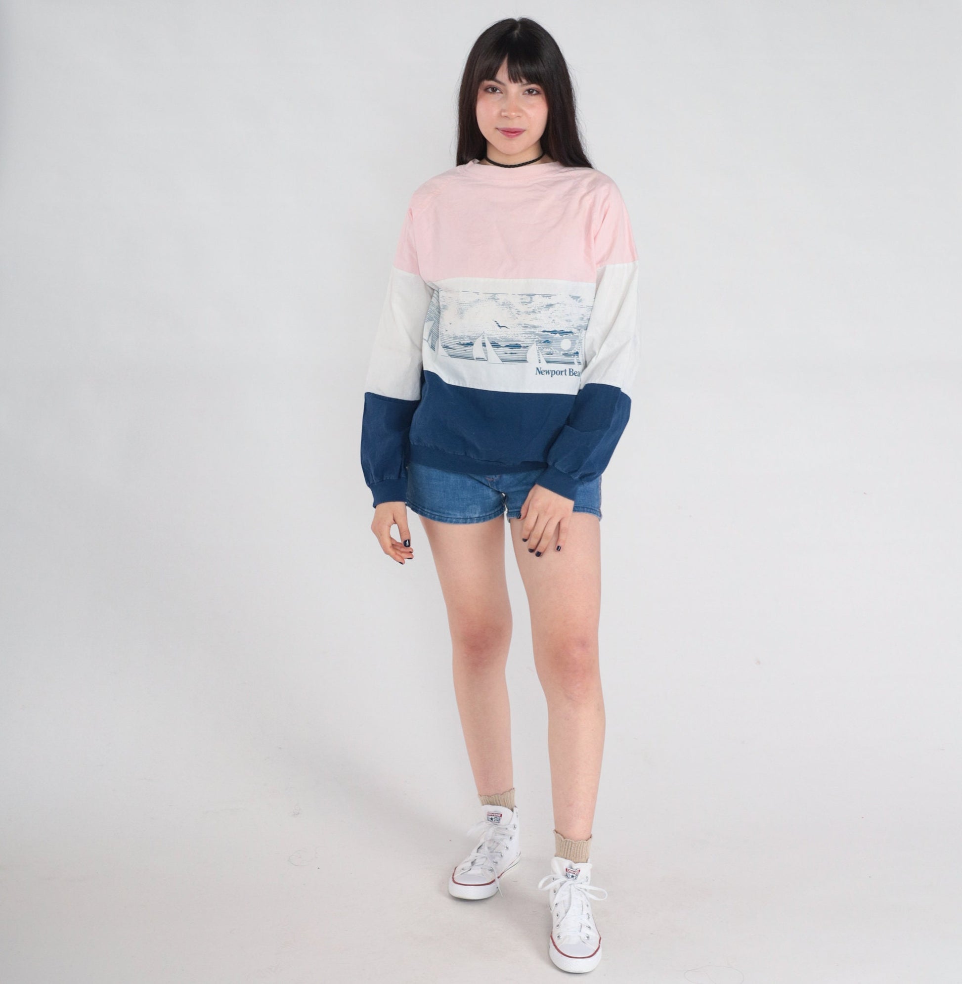 80s Newport Beach Sailboat Sweatshirt Pink White Blue Striped Raglan Medium
