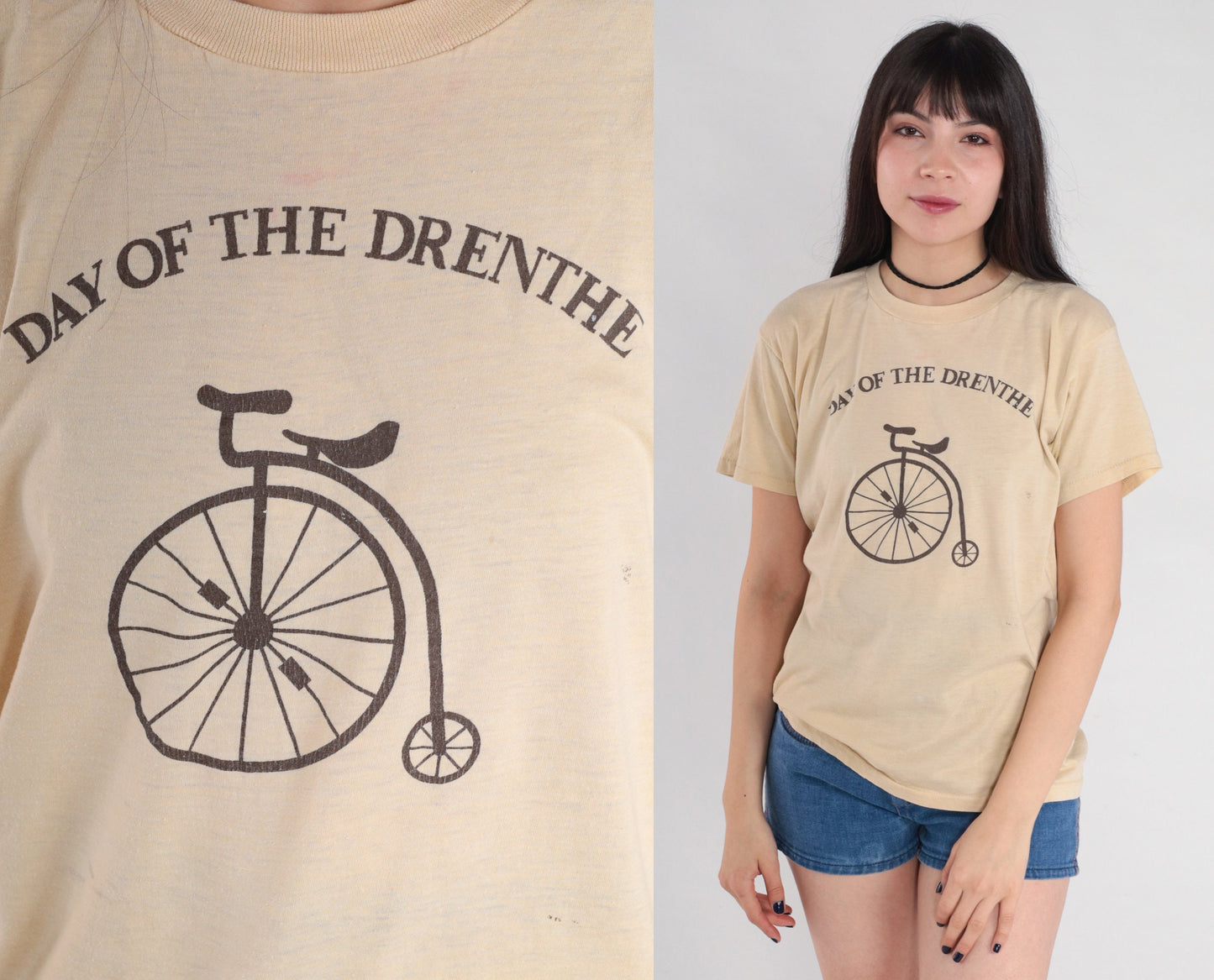 80s Day of the Drenthe Cycling Graphic T-Shirt Penny-Farthing Tan Single Stitch Small