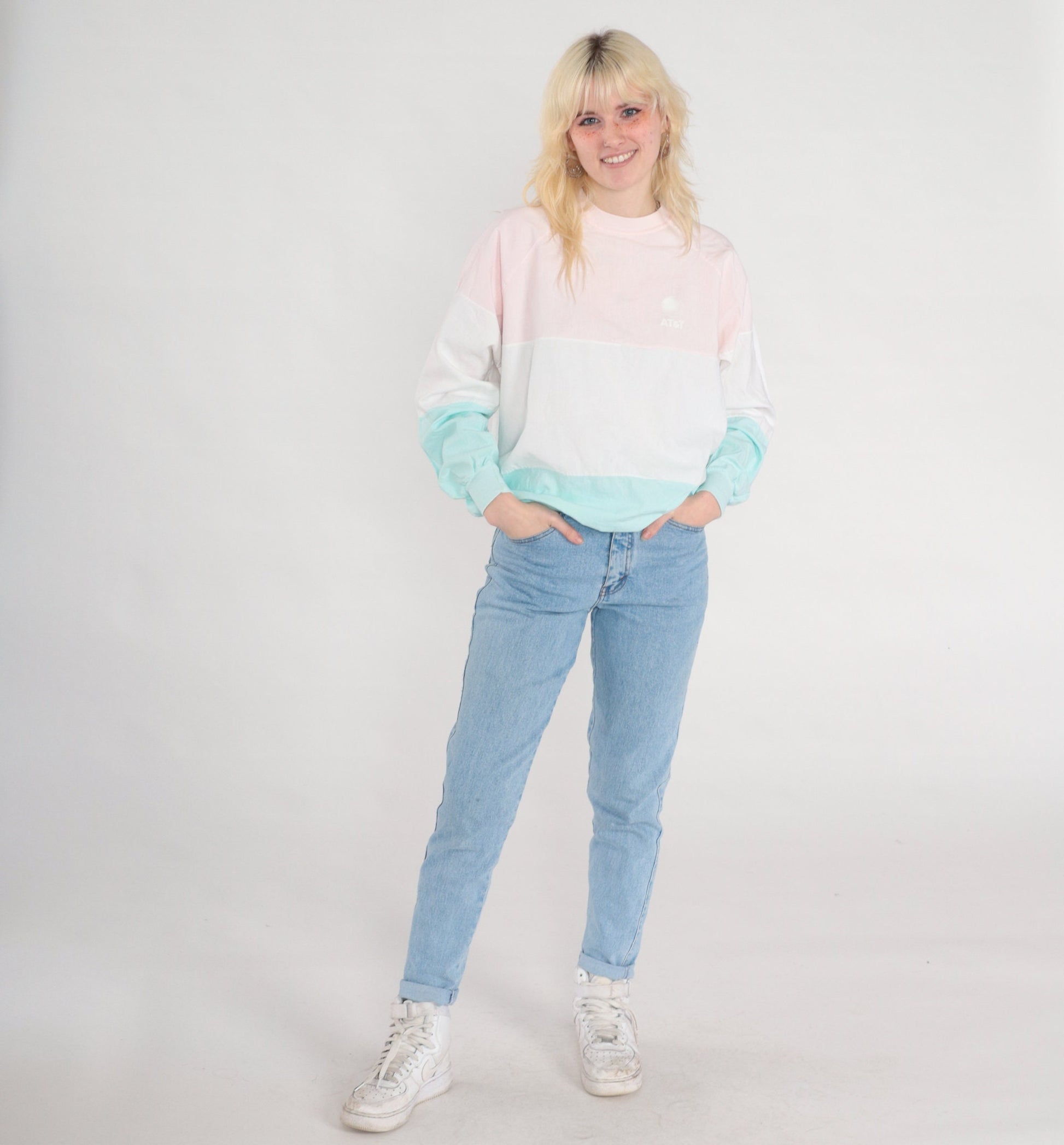 80s AT&T Color Block Long Sleeve Shirt Pink Aqua Crewneck Medium