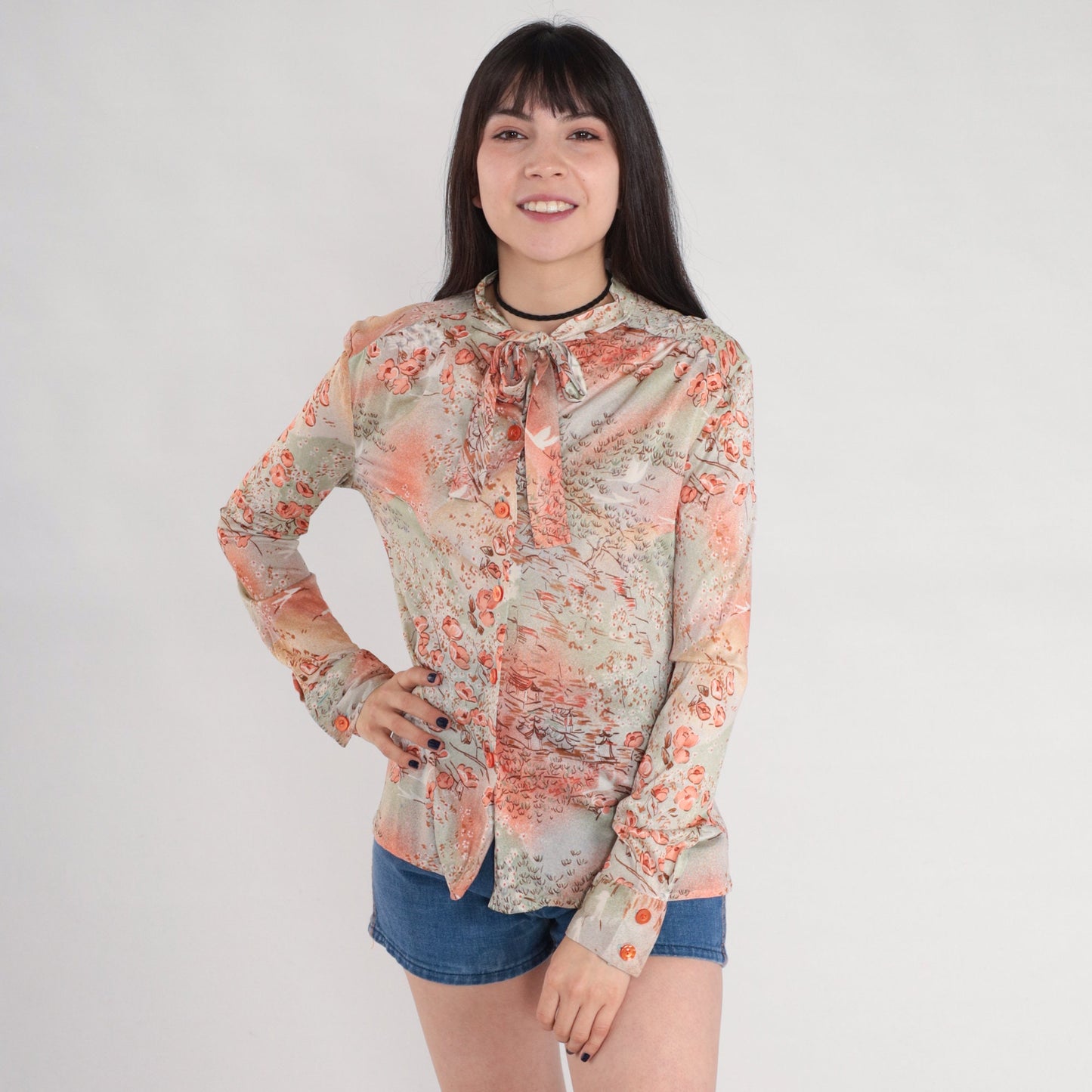 70s Floral Bird Village Print Ascot Blouse Pink Orange Green Long Sleeve Small
