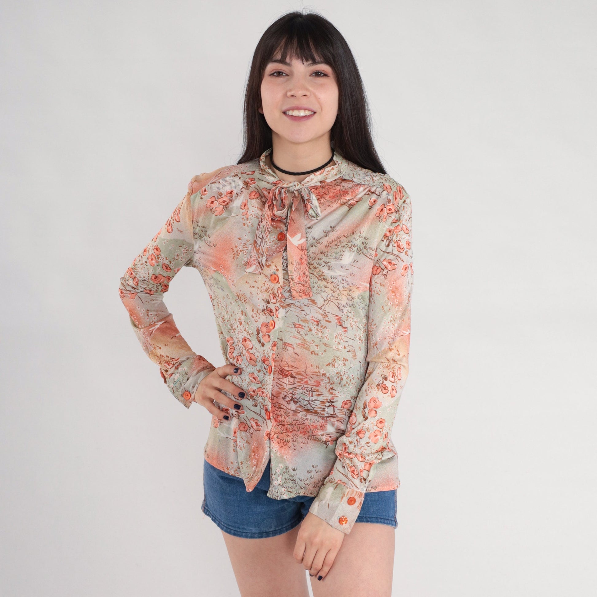 70s Floral Bird Village Print Ascot Blouse Pink Orange Green Long Sleeve Small