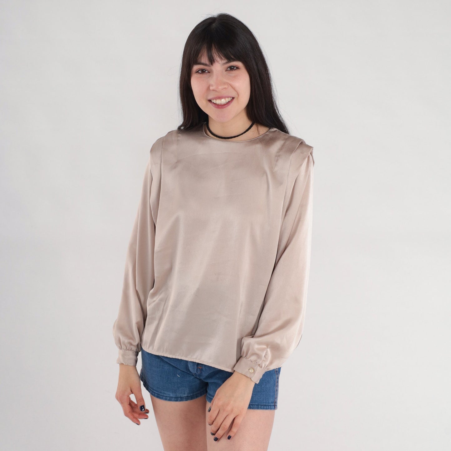 80s Champagne Pleated Blouse Long Sleeve Button Back Shiny Top Small