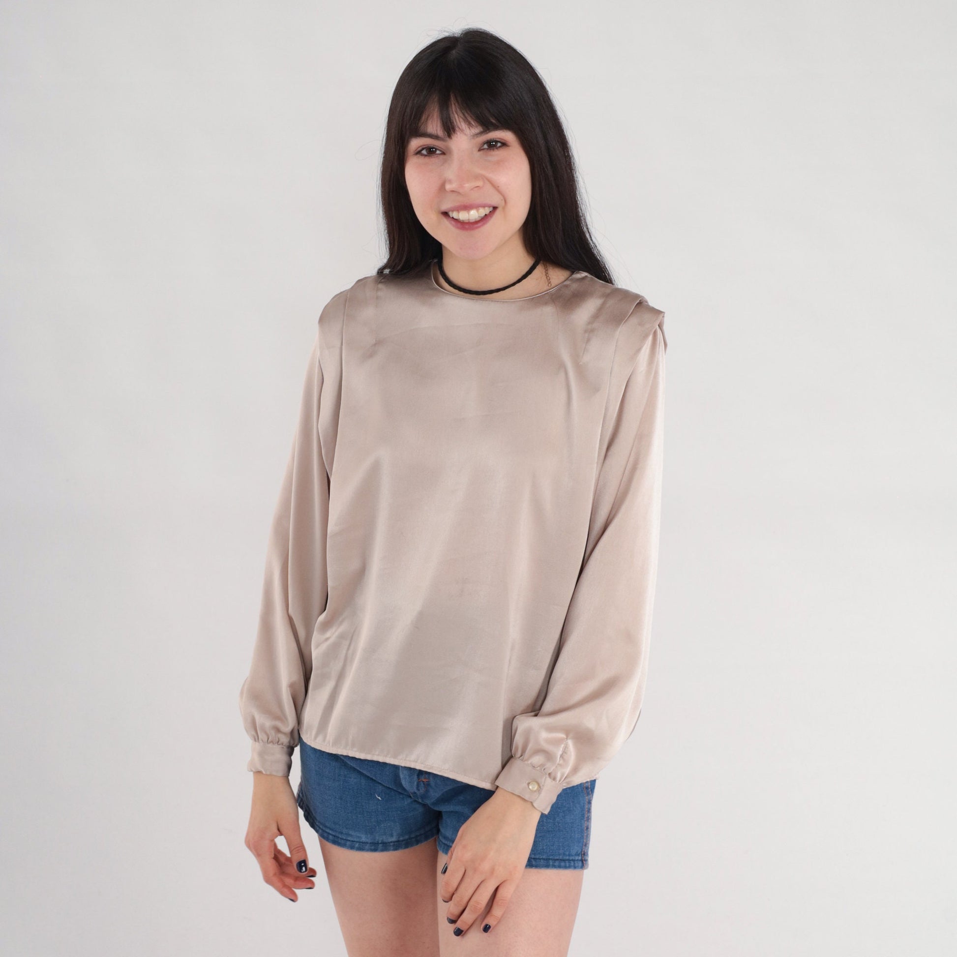 80s Champagne Pleated Blouse Long Sleeve Button Back Shiny Top Small