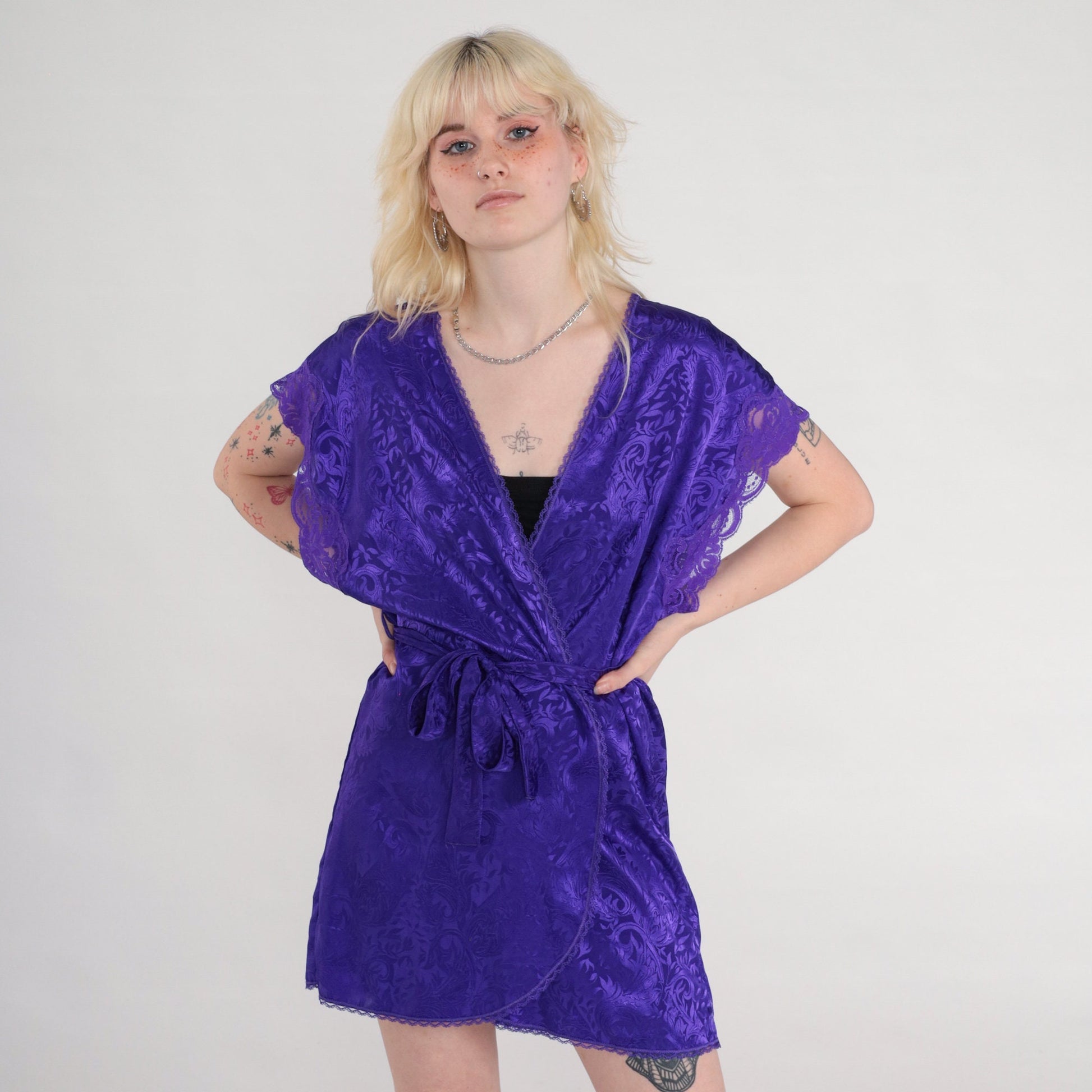 90s Purple Embossed Lingerie Robe Cap Sleeve Wrap Belted Mini Small S