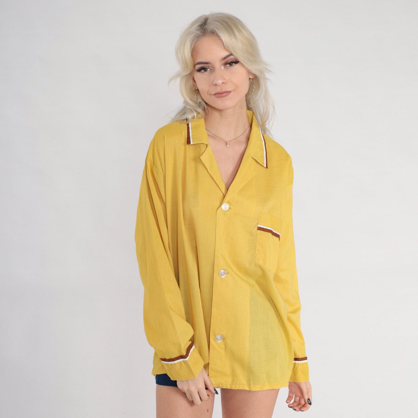 70s Selkirk Mustard Yellow Pajama Shirt Button-Up Long Sleeve Large