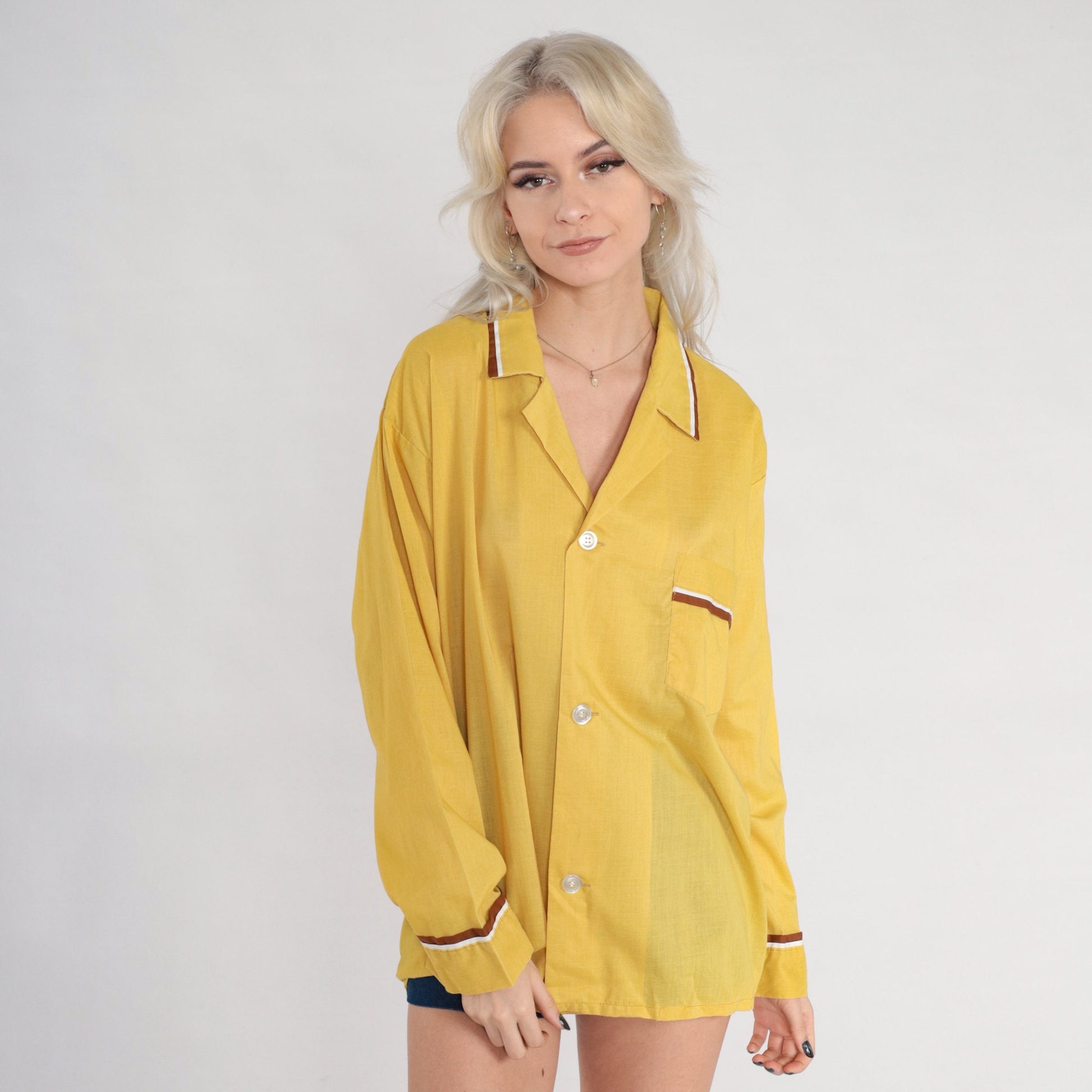 70s Selkirk Mustard Yellow Pajama Shirt Button-Up Long Sleeve Large