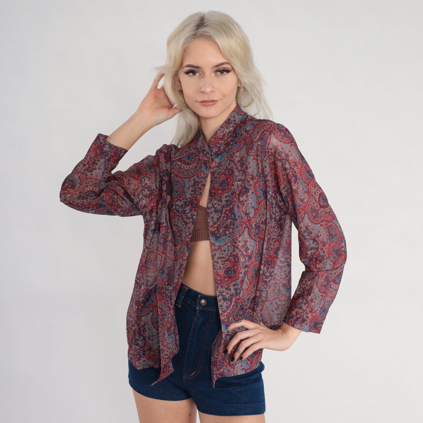 70s Indian Floral Open Front Blouse Mandarin Collar Long Sleeve Medium