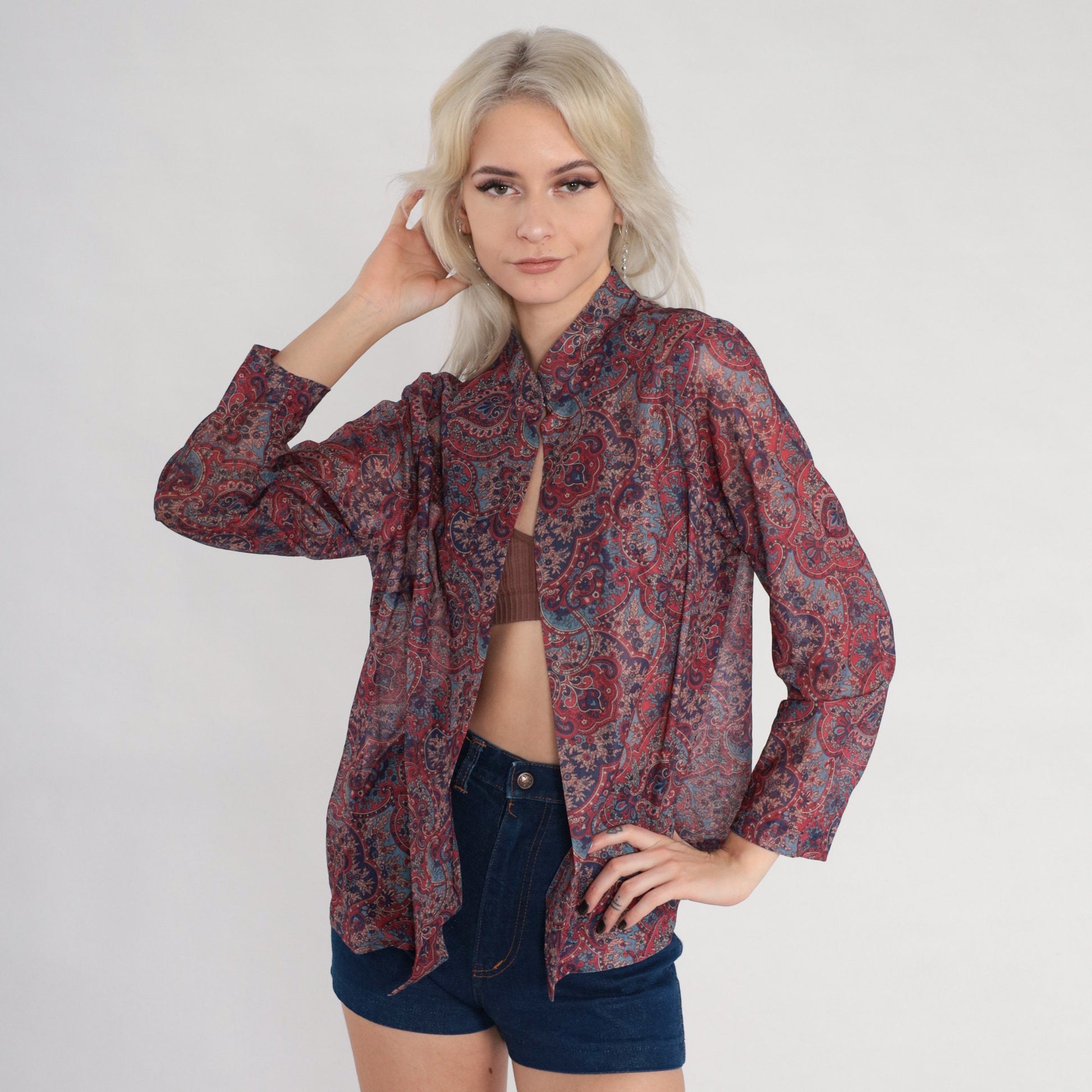 70s Indian Floral Open Front Blouse Mandarin Collar Long Sleeve Medium