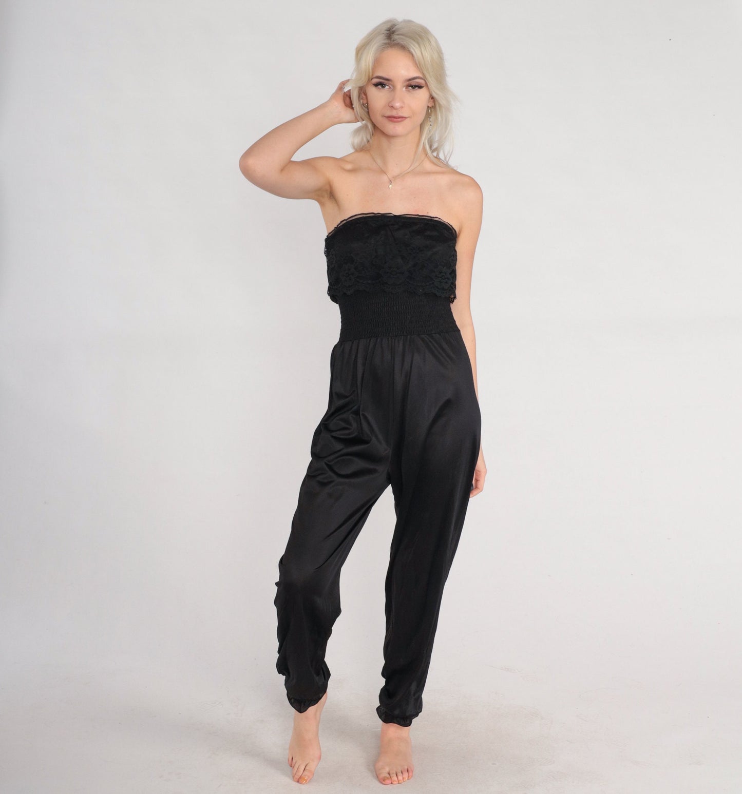 80s Black Strapless Lingerie Jumpsuit Lace Trim High Waist Nylon Medium Large