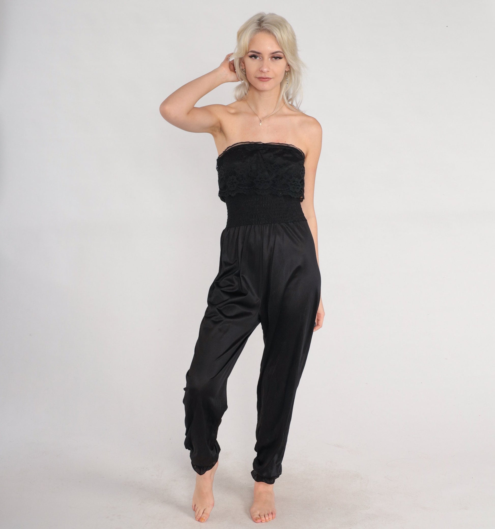 80s Black Strapless Lingerie Jumpsuit Lace Trim High Waist Nylon Medium Large