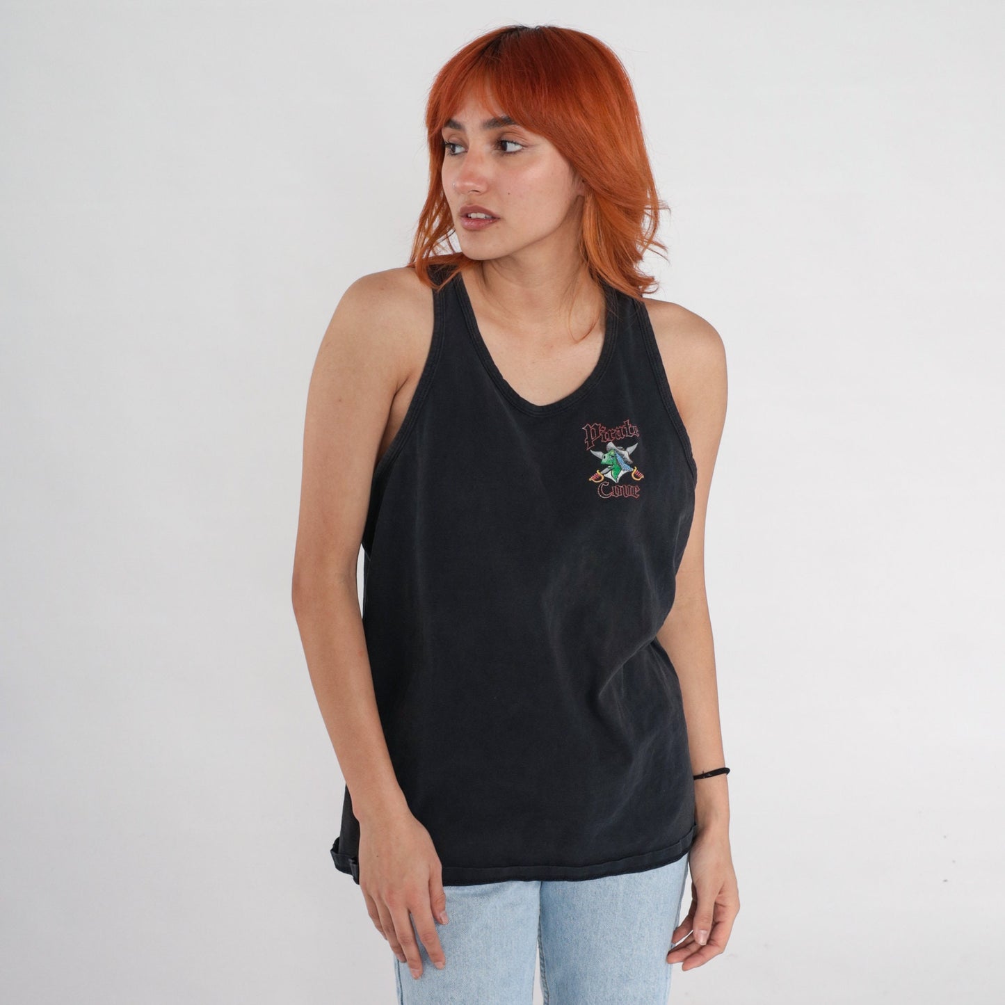 90s Pirate Cove Beach Bar Tank Top Black Graphic Cotton Medium Large