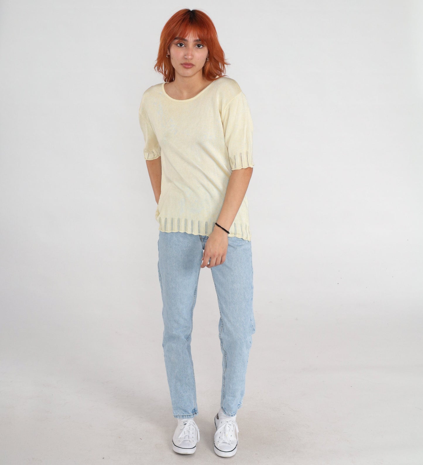90s Pale Yellow Knit Cutout Blouse Short Sleeve Medium
