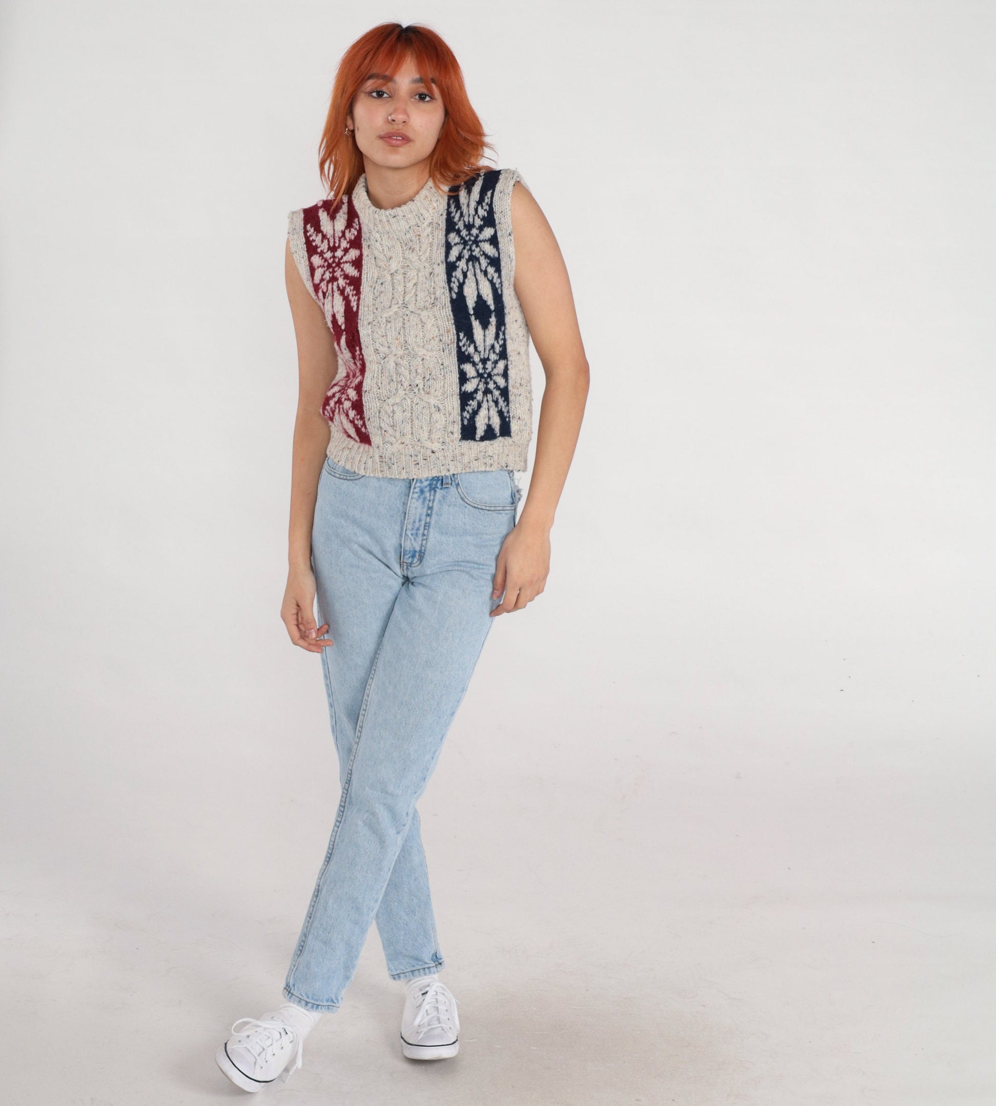 90s Fair Isle Cable Knit Sweater Vest Oatmeal Flecked Nordic Top Extra Small