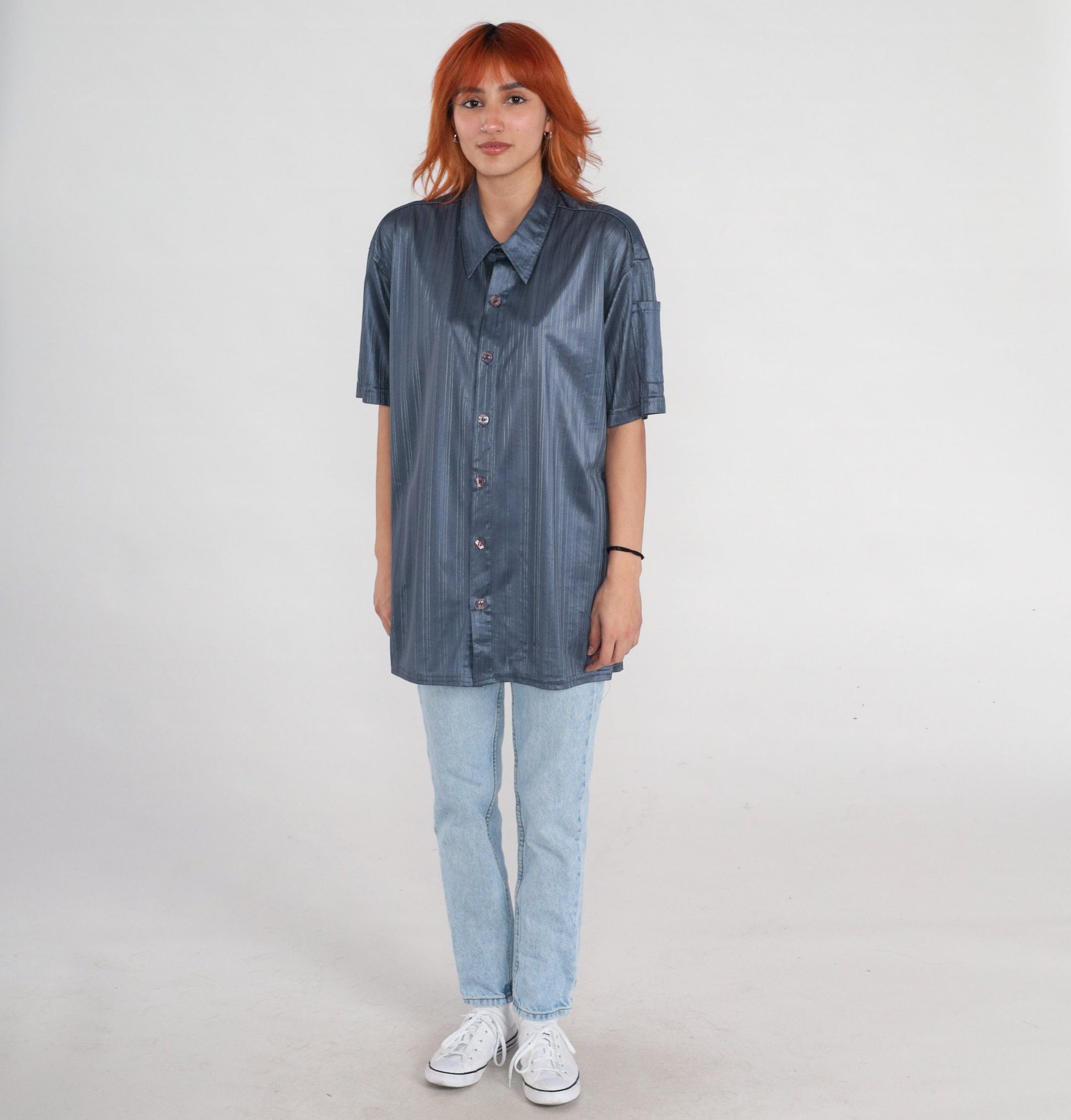 90s Positano Shiny Blue Striped Button-Up Shirt Short Sleeve Men's Large L