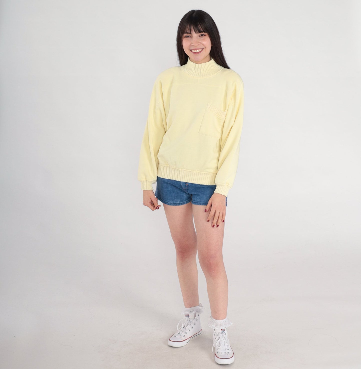 80s Pale Yellow Mockneck Sweatshirt Knit Trim Chest Pocket Medium