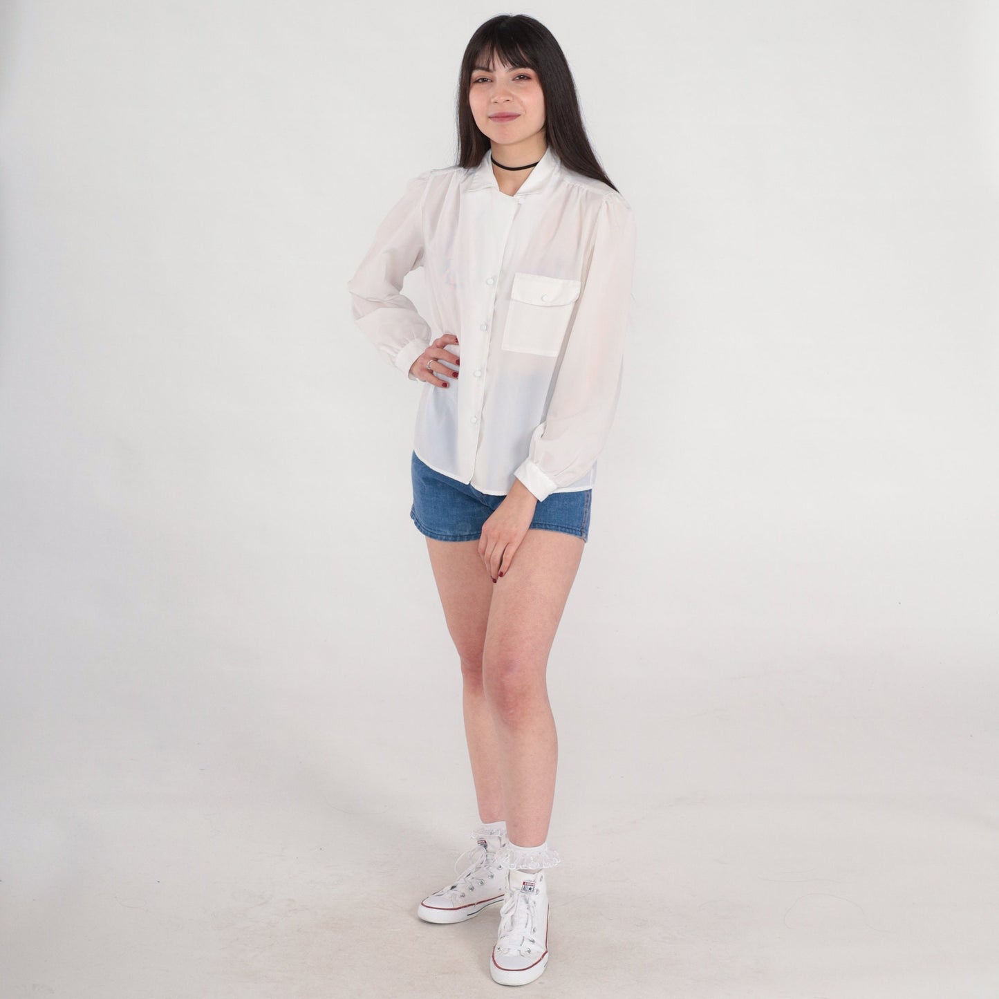 80s White Pleated Blouse Puff Sleeve Collared Button-Up Medium M