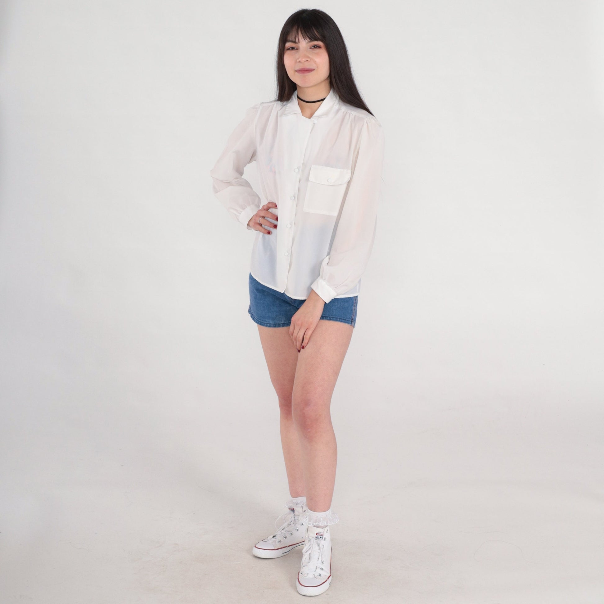80s White Pleated Blouse Puff Sleeve Collared Button-Up Medium M