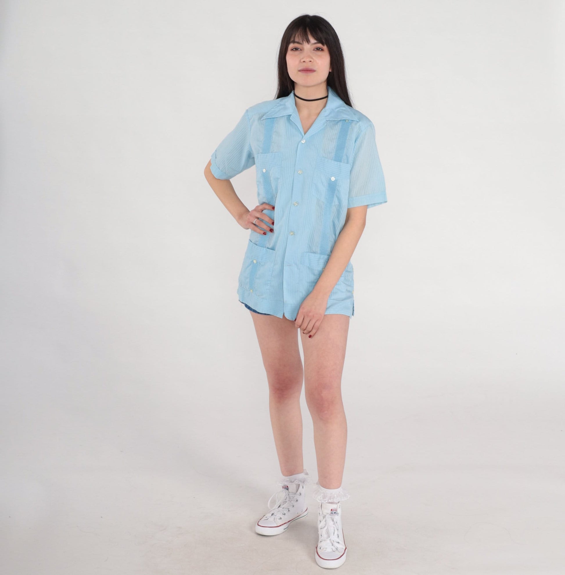 70s Blue Striped Button-Up Shirt Dagger Collar Short Sleeve Men's Small