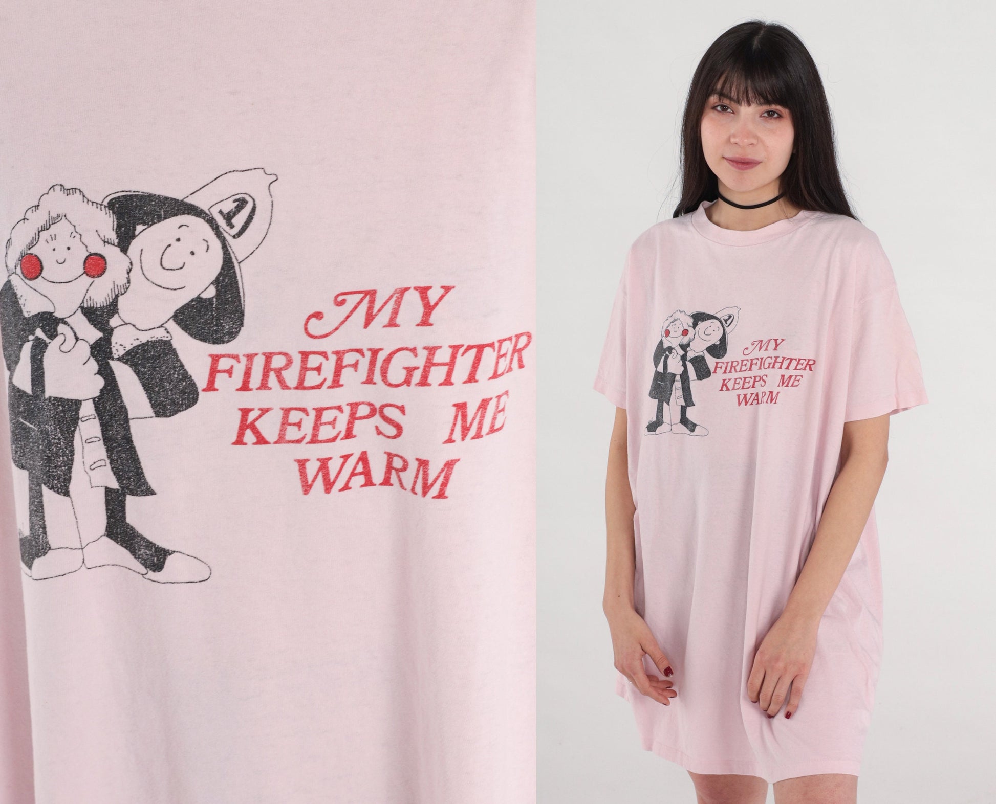 90s Firefighter Keeps Me Warm T-Shirt Dress Baby Pink Sleep Mini Cotton Small