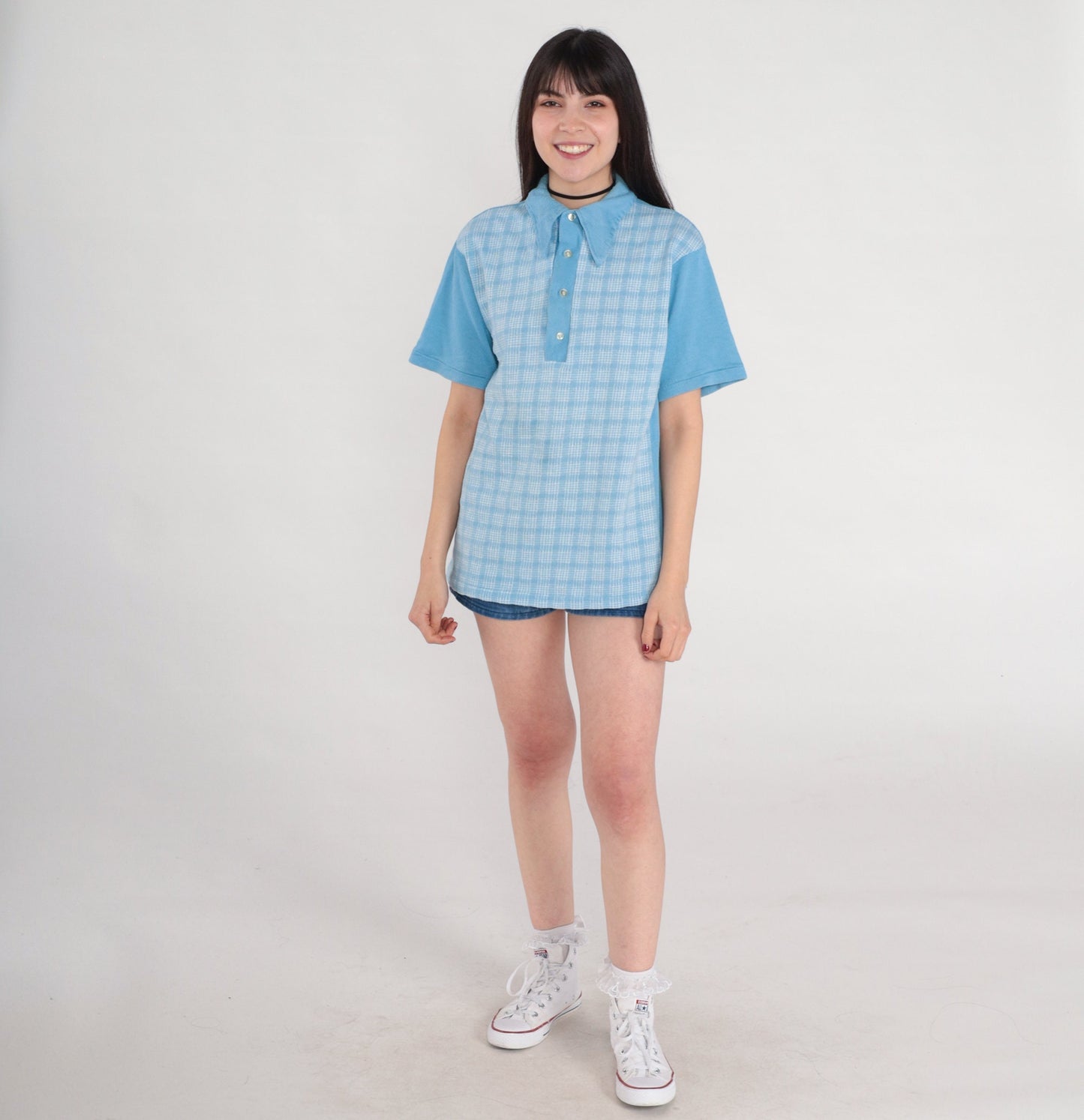 70s Blue Checkered Polo Shirt Collared Short Sleeve Button Up Medium