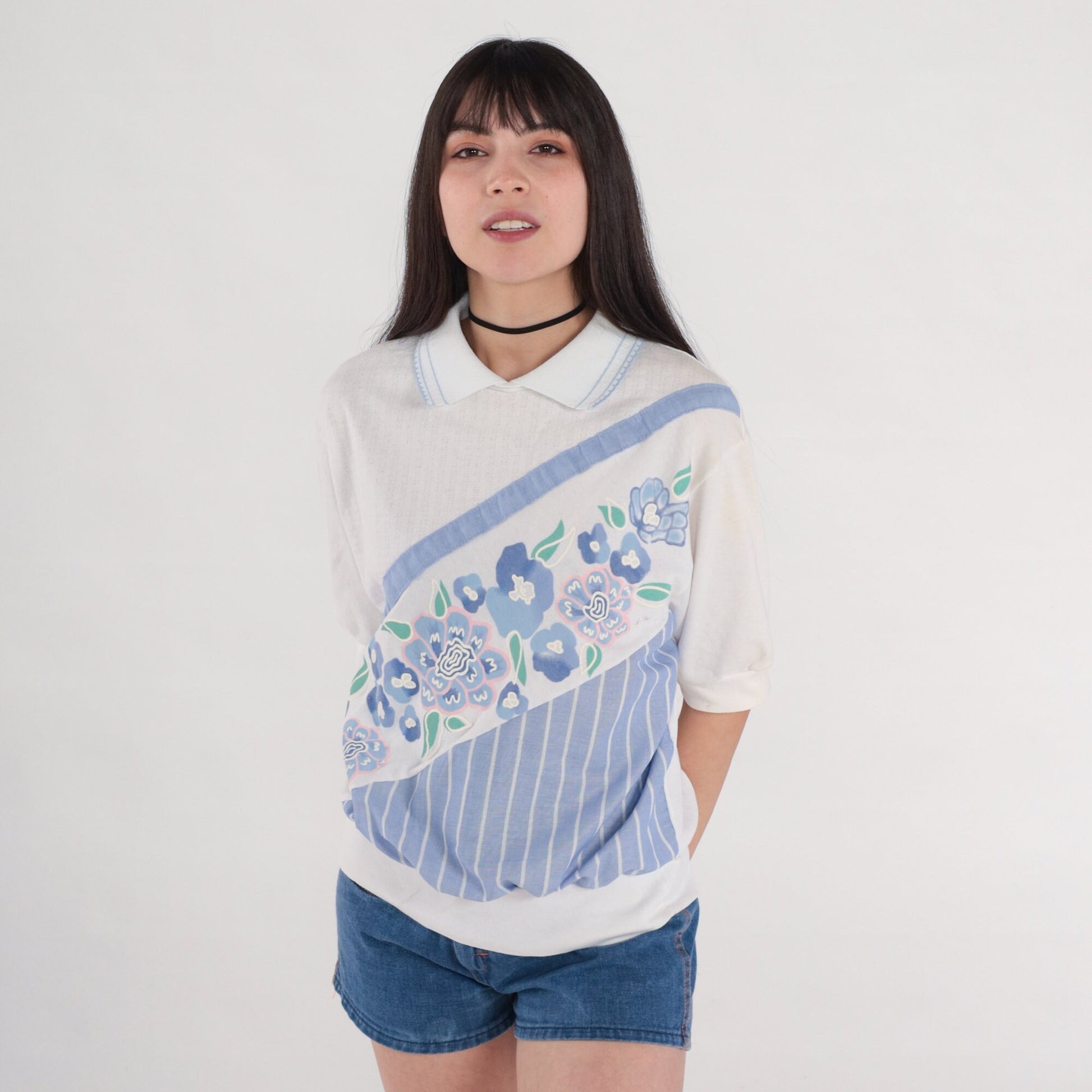 80s Floral Polo Shirt White Blue Striped Ribbed Collar Short Sleeve Medium