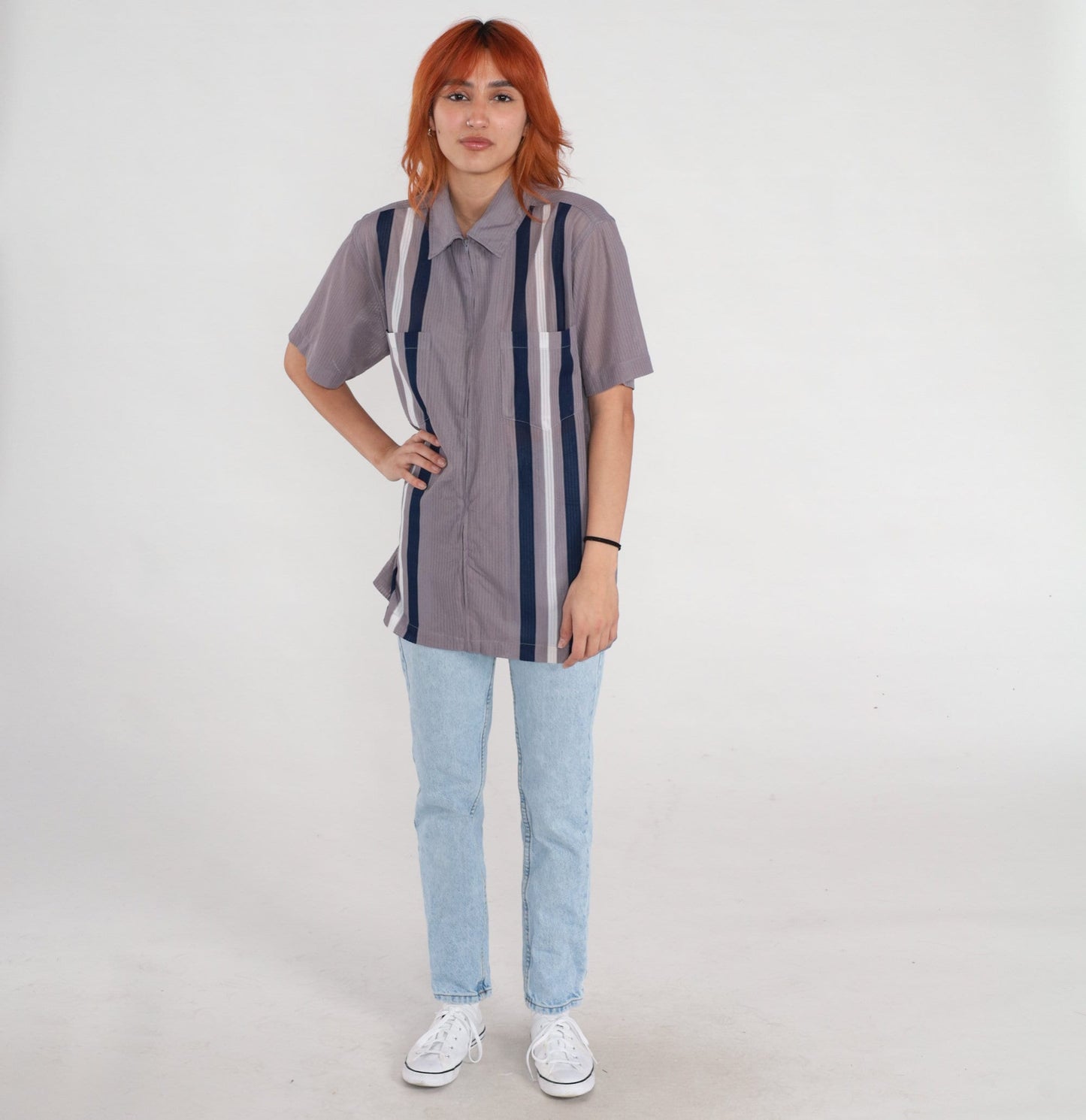 90s Grey Striped Zip-Up Shirt Short Sleeve Semi-Sheer Blouse Medium