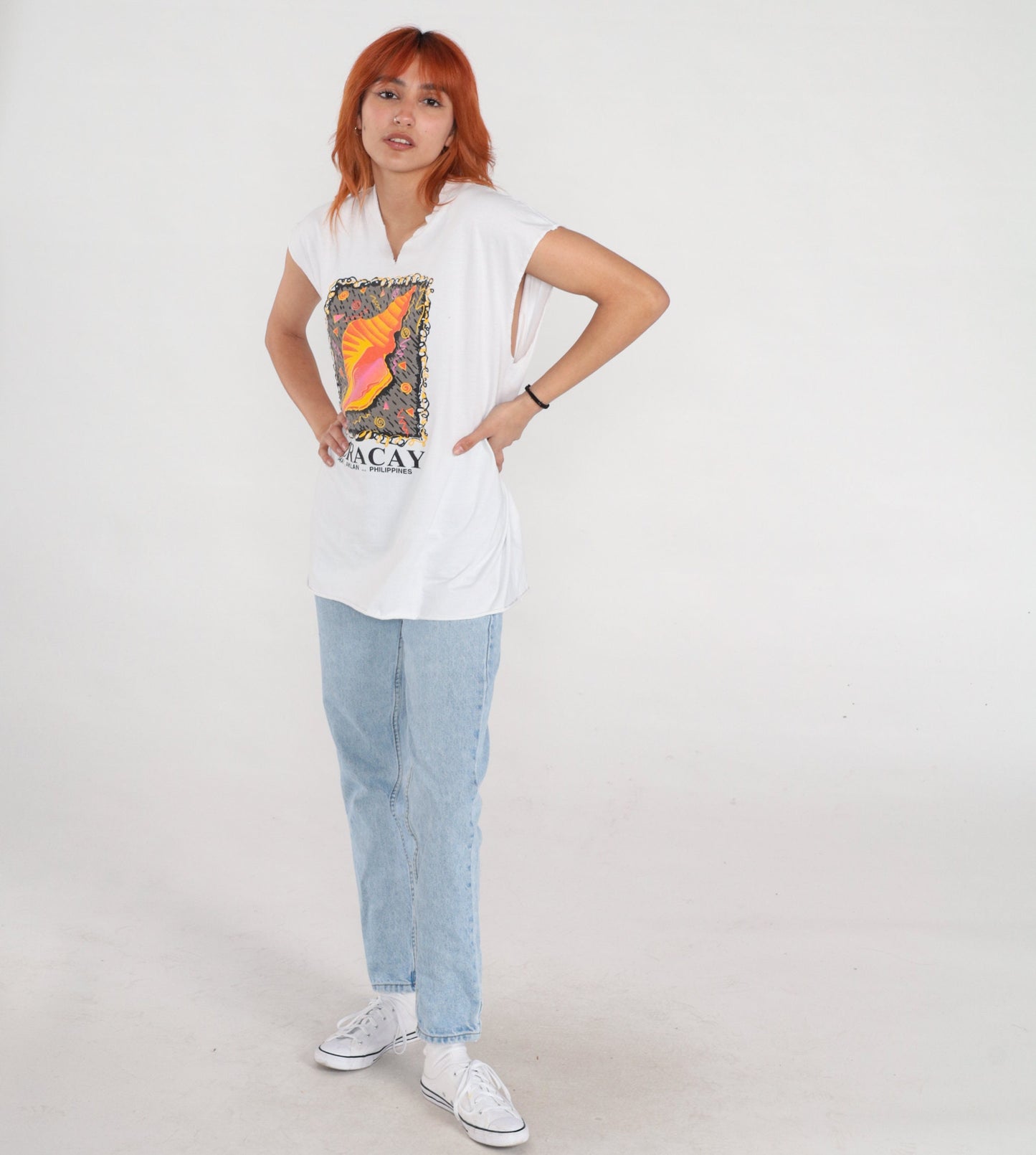 00s Boracay Philippines Seashell Graphic Tank Top White Large