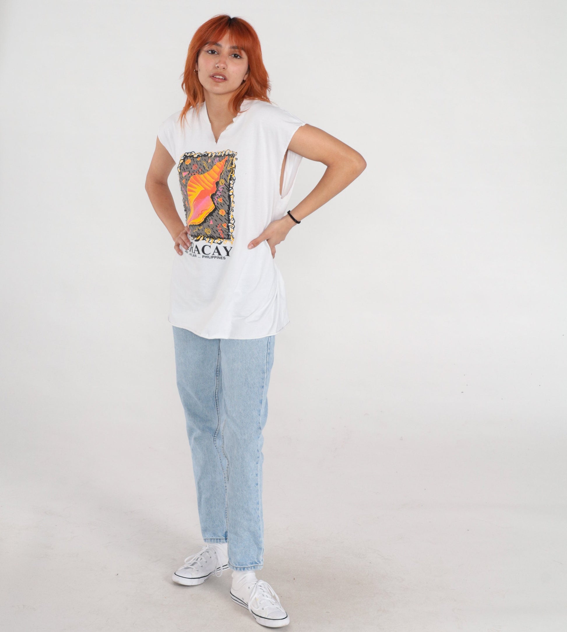 00s Boracay Philippines Seashell Graphic Tank Top White Large