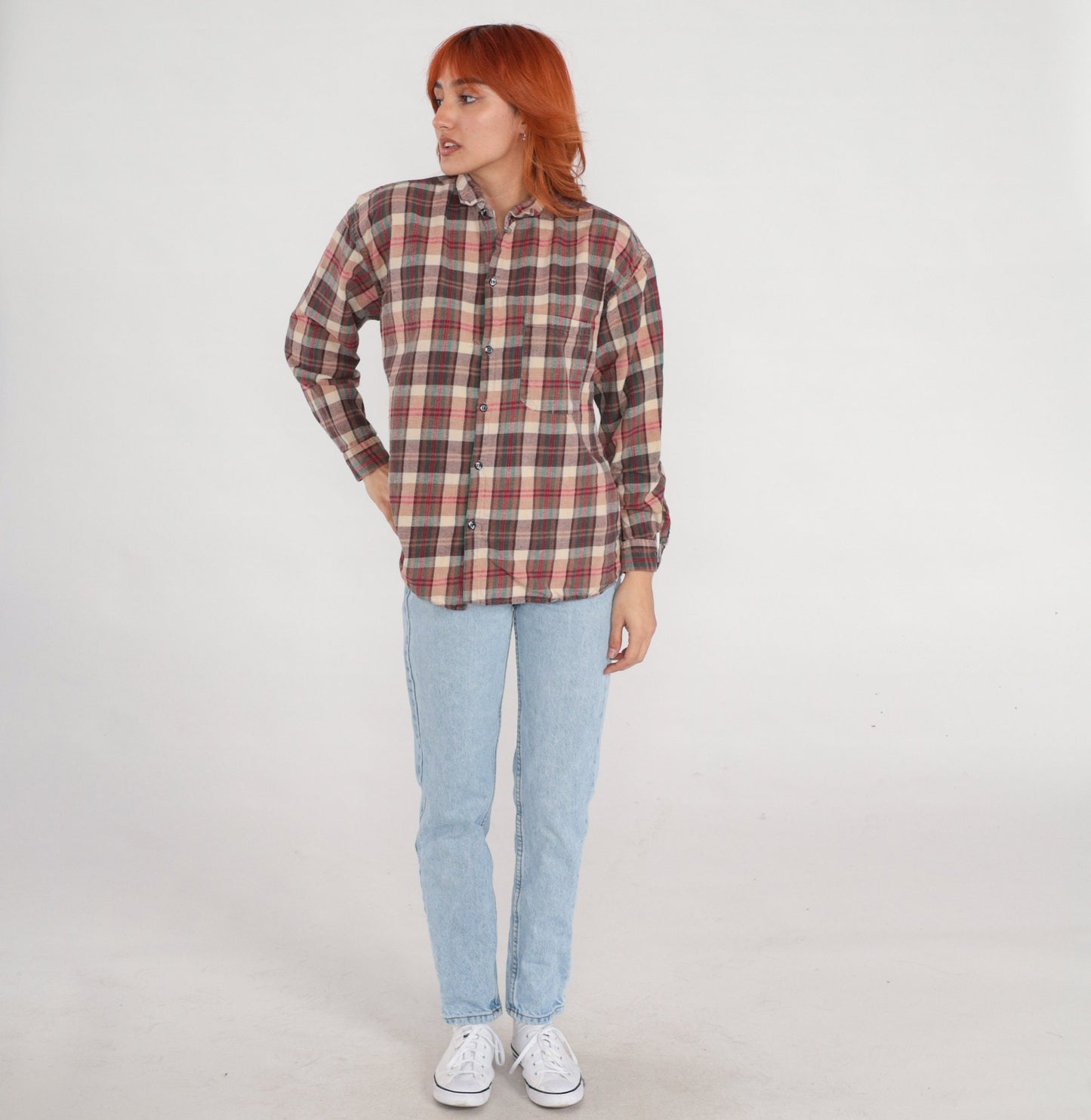 90s Brown Plaid Button-Up Shirt Long Sleeve Checkered Flannel Large L