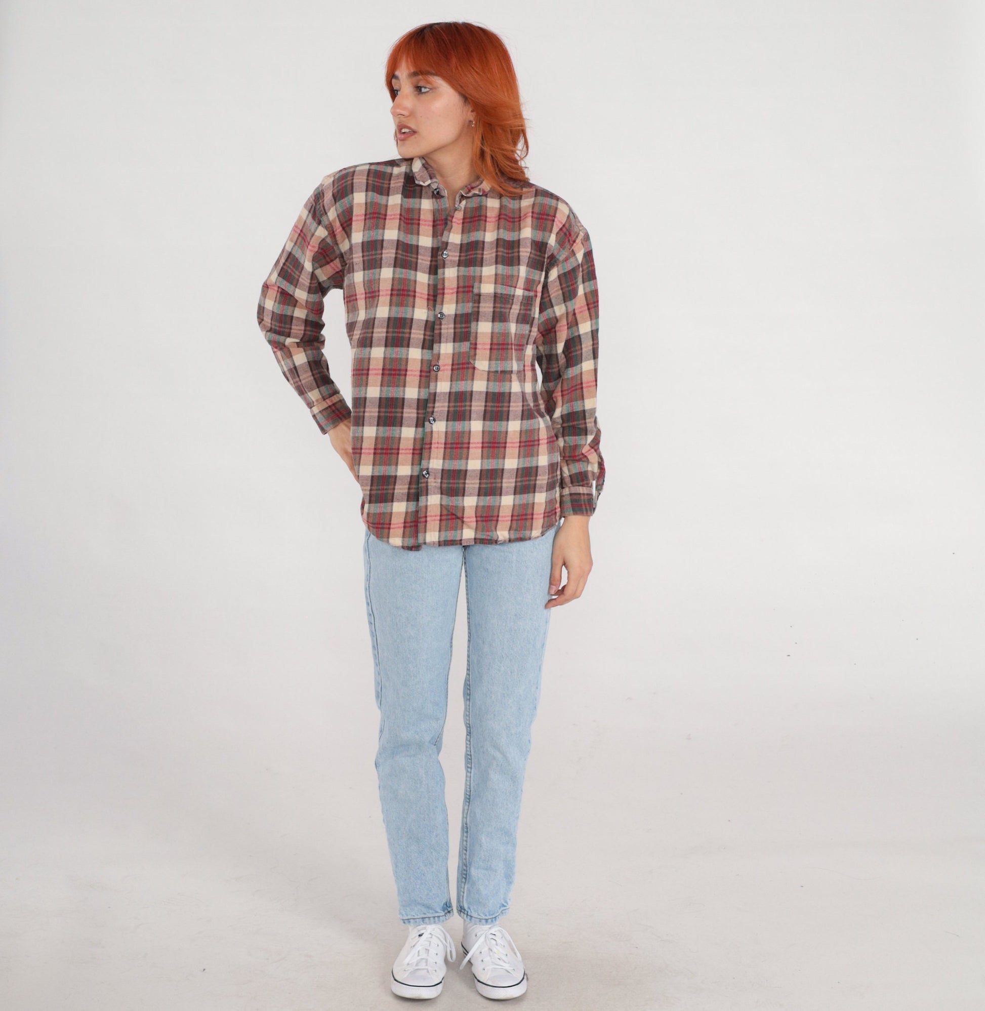 90s Brown Plaid Button-Up Shirt Long Sleeve Checkered Flannel Large L