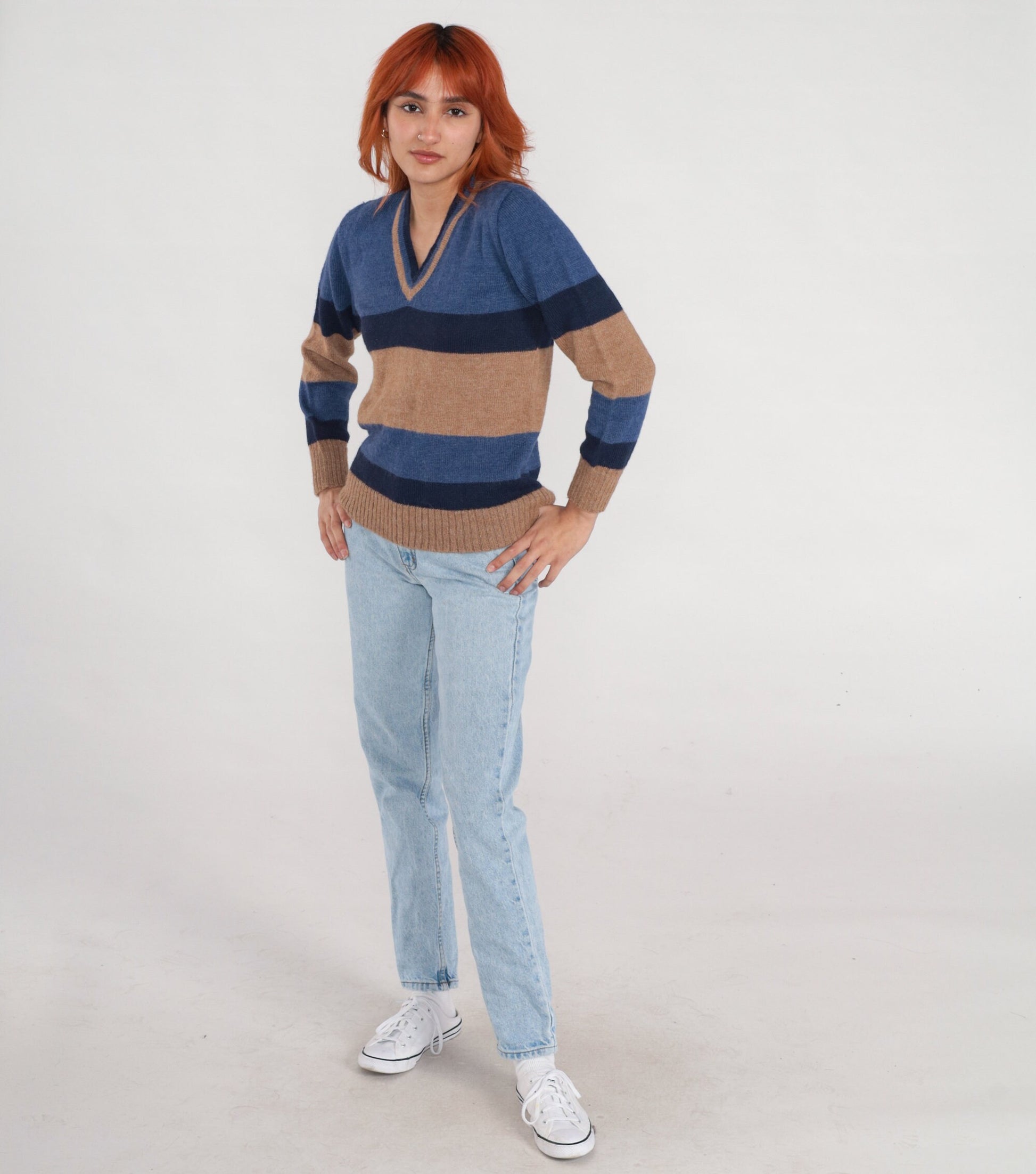 90s Alpaca Wool V-Neck Sweater Tan Blue Striped Pullover Small S