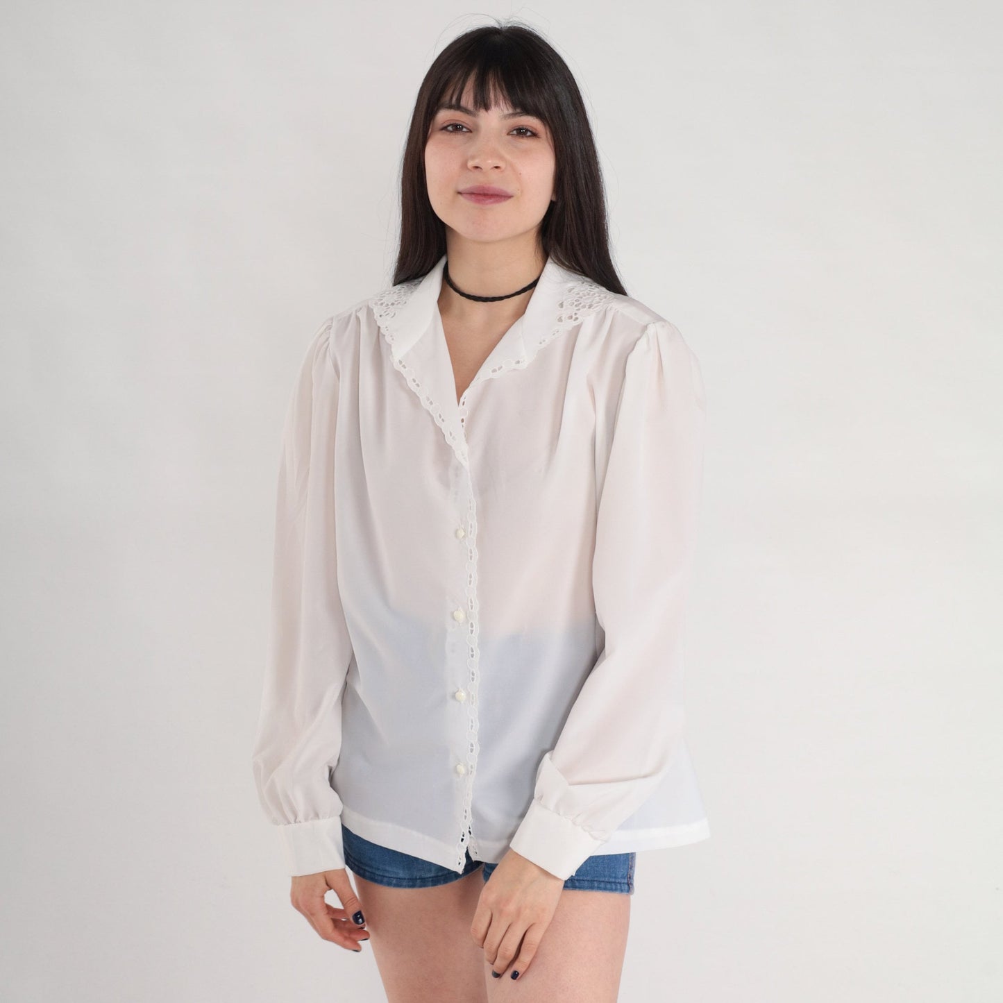 80s White Eyelet Button-Up Blouse Puff Sleeve Lace Trim Large L