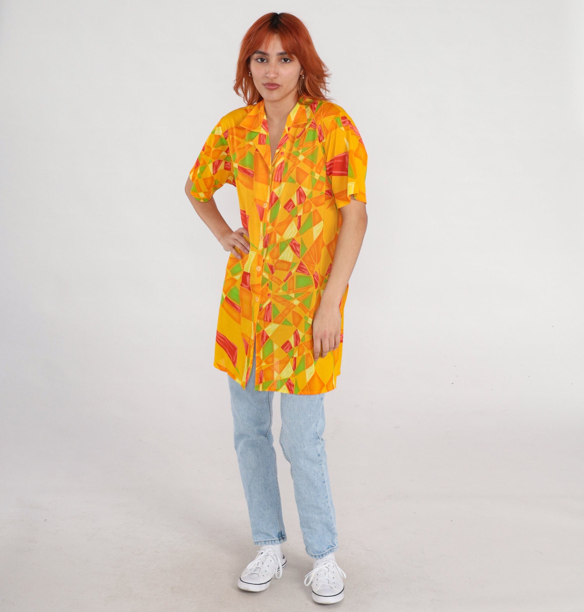90s Yellow Geometric Mosaic Button Up Shirt Short Sleeve Blouse Extra Large