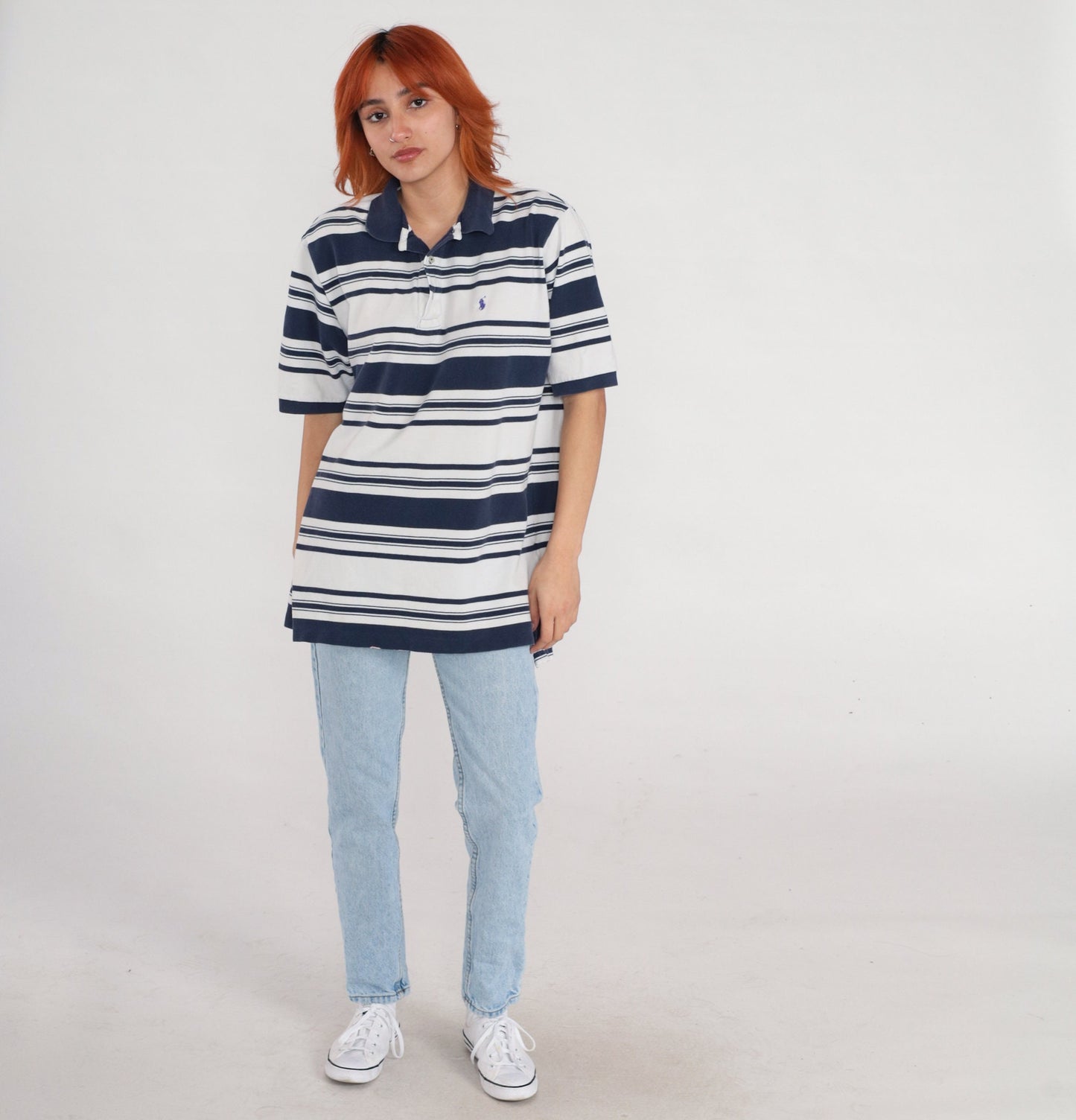 90s Polo Golf Ralph Lauren Striped Quarter-Button Shirt White Navy Men's Large