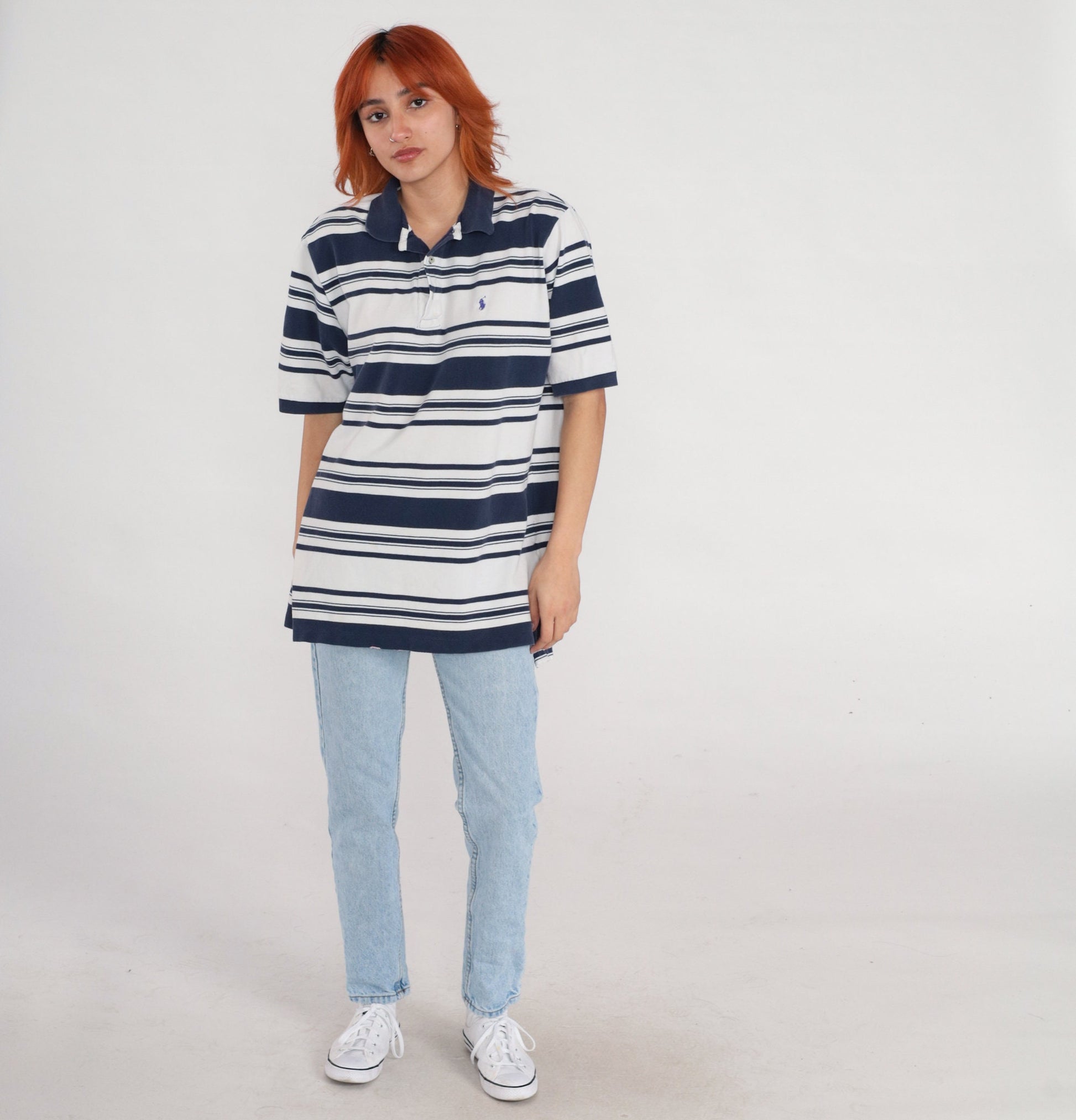 90s Polo Golf Ralph Lauren Striped Quarter-Button Shirt White Navy Men's Large