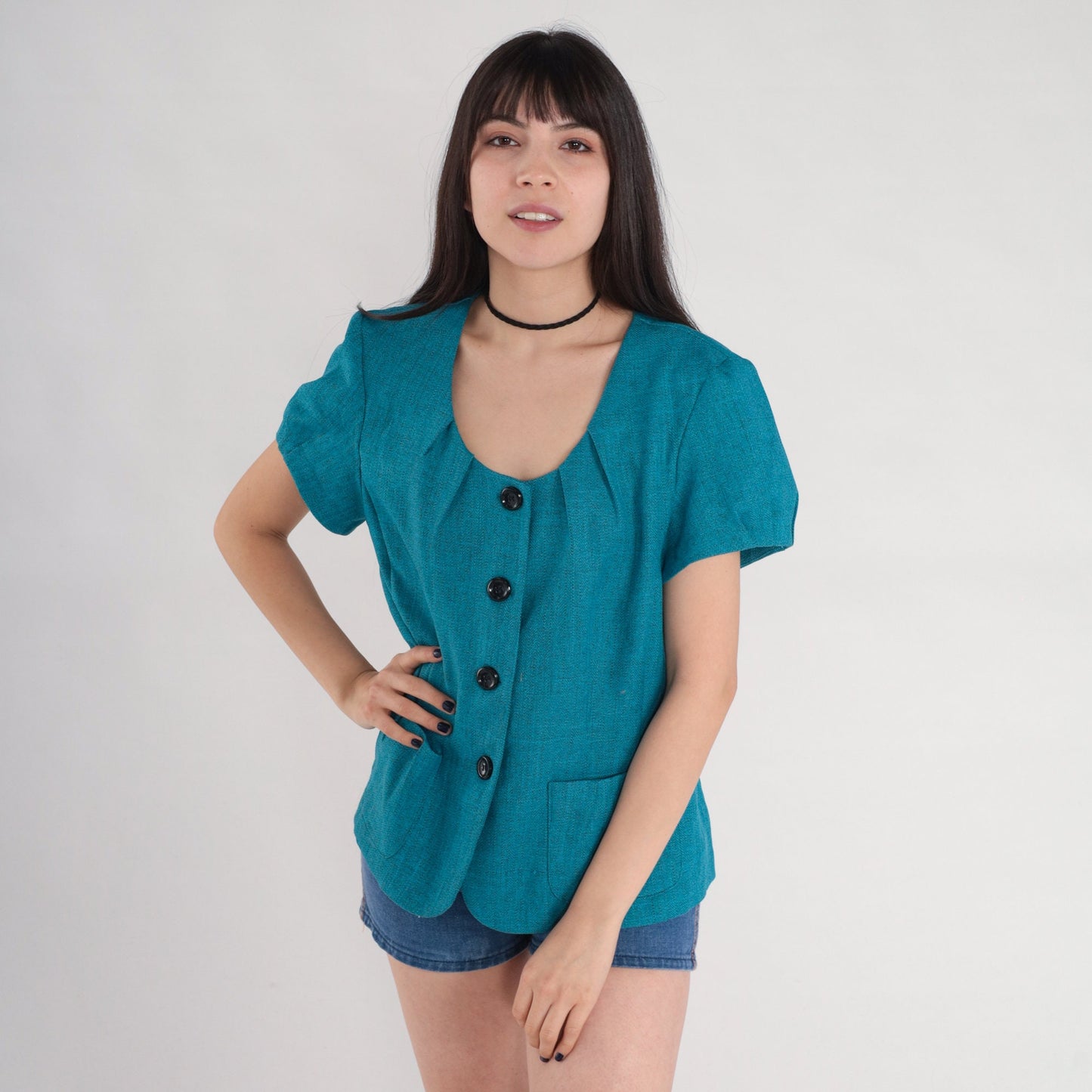 90s Blue Puff Sleeve Button-Up Blouse Secretary Top Medium